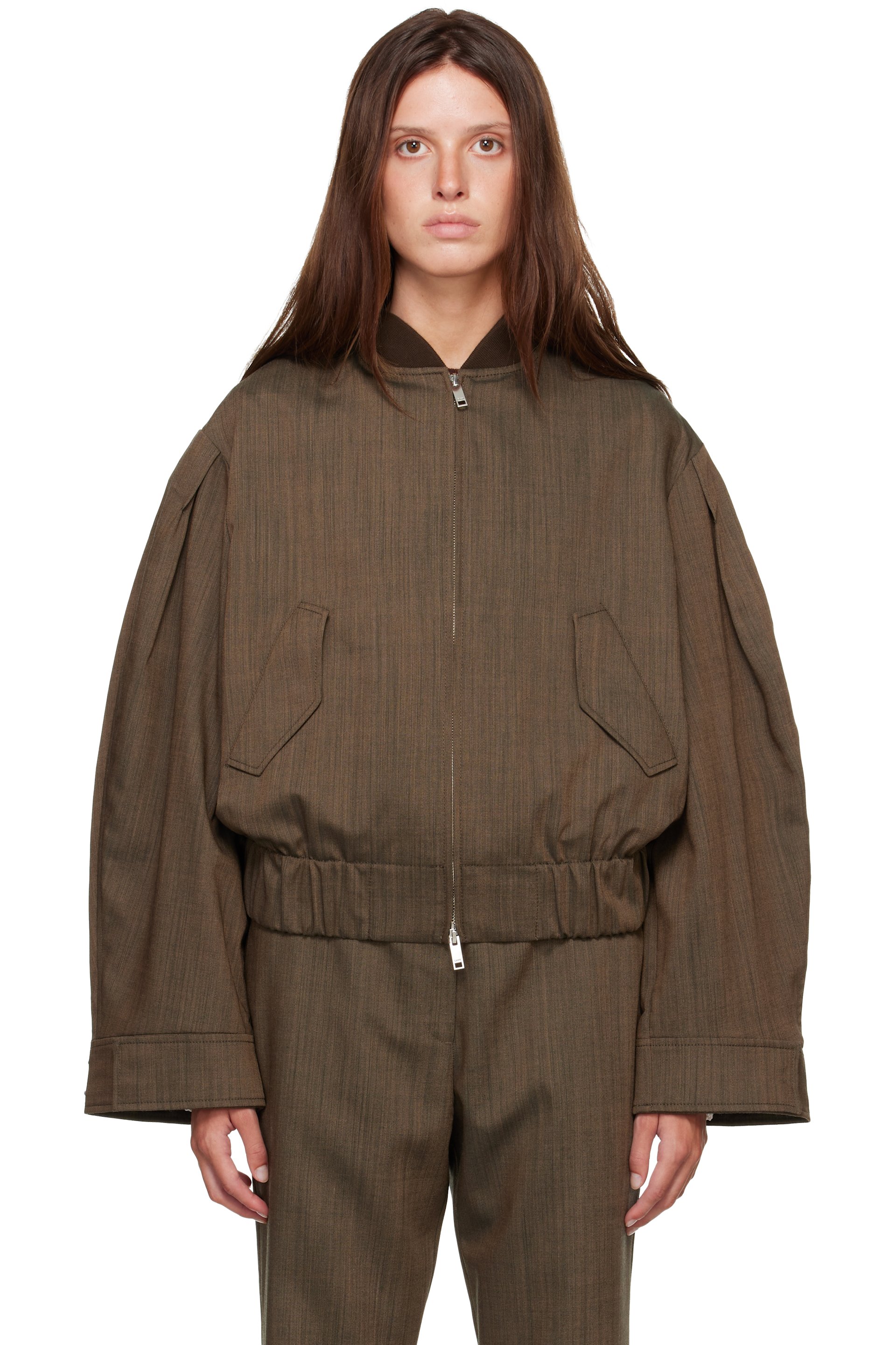 GANNI - Brown Wool Melange Bomber Jacket
