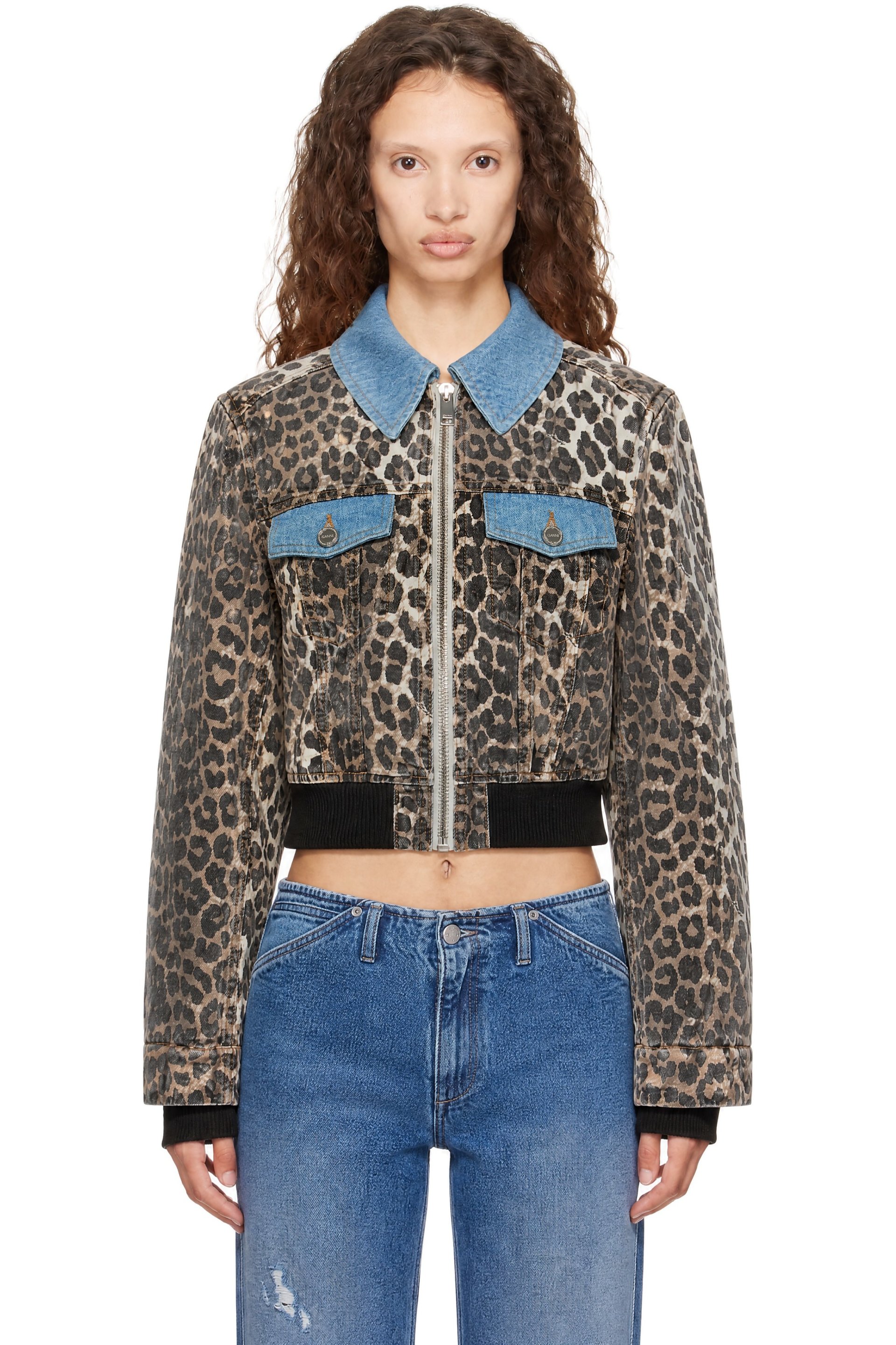 GANNI - Multicolor Print Denim Small Bomber Jacket