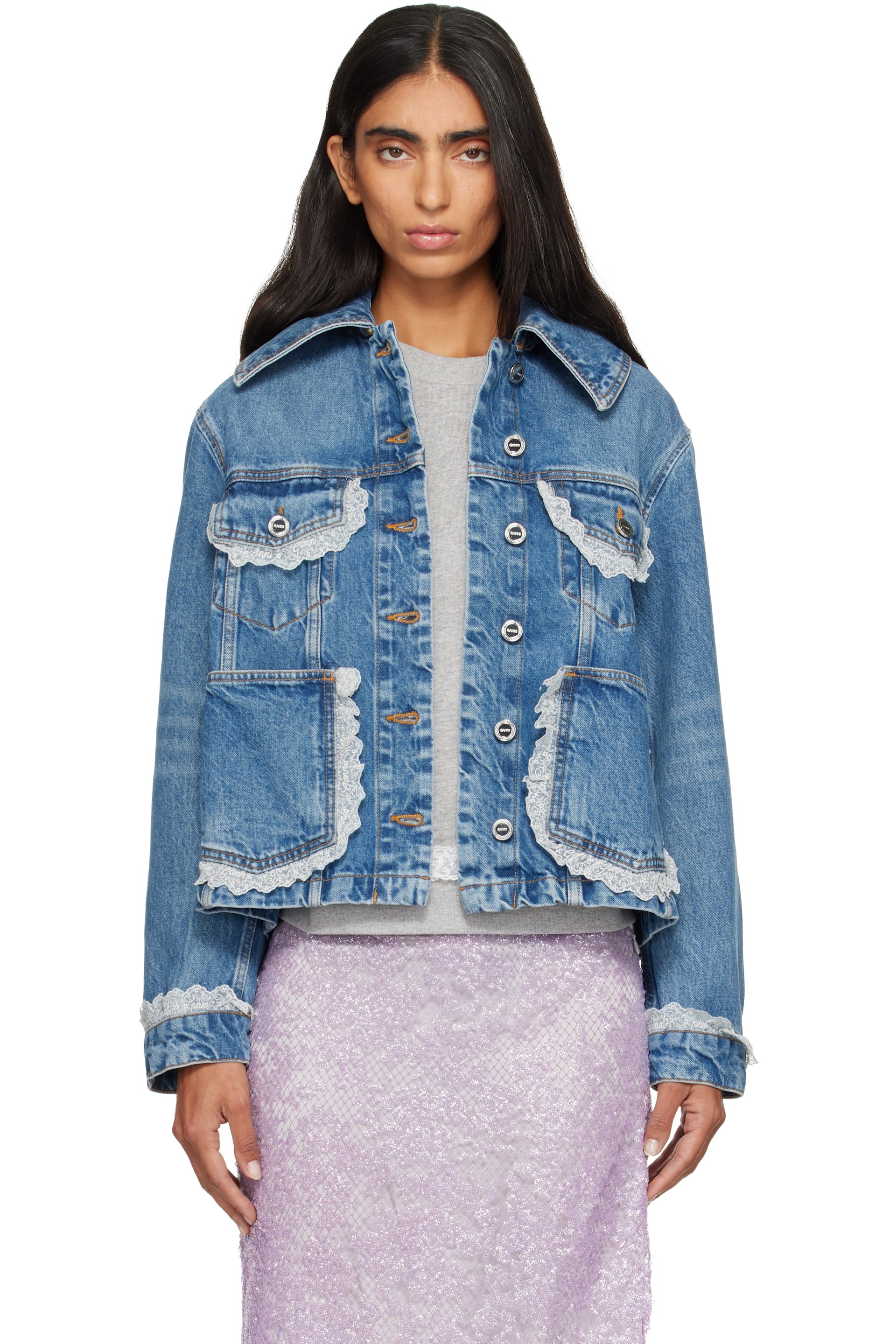 GANNI - Blue Rigid Lace Denim Jacket