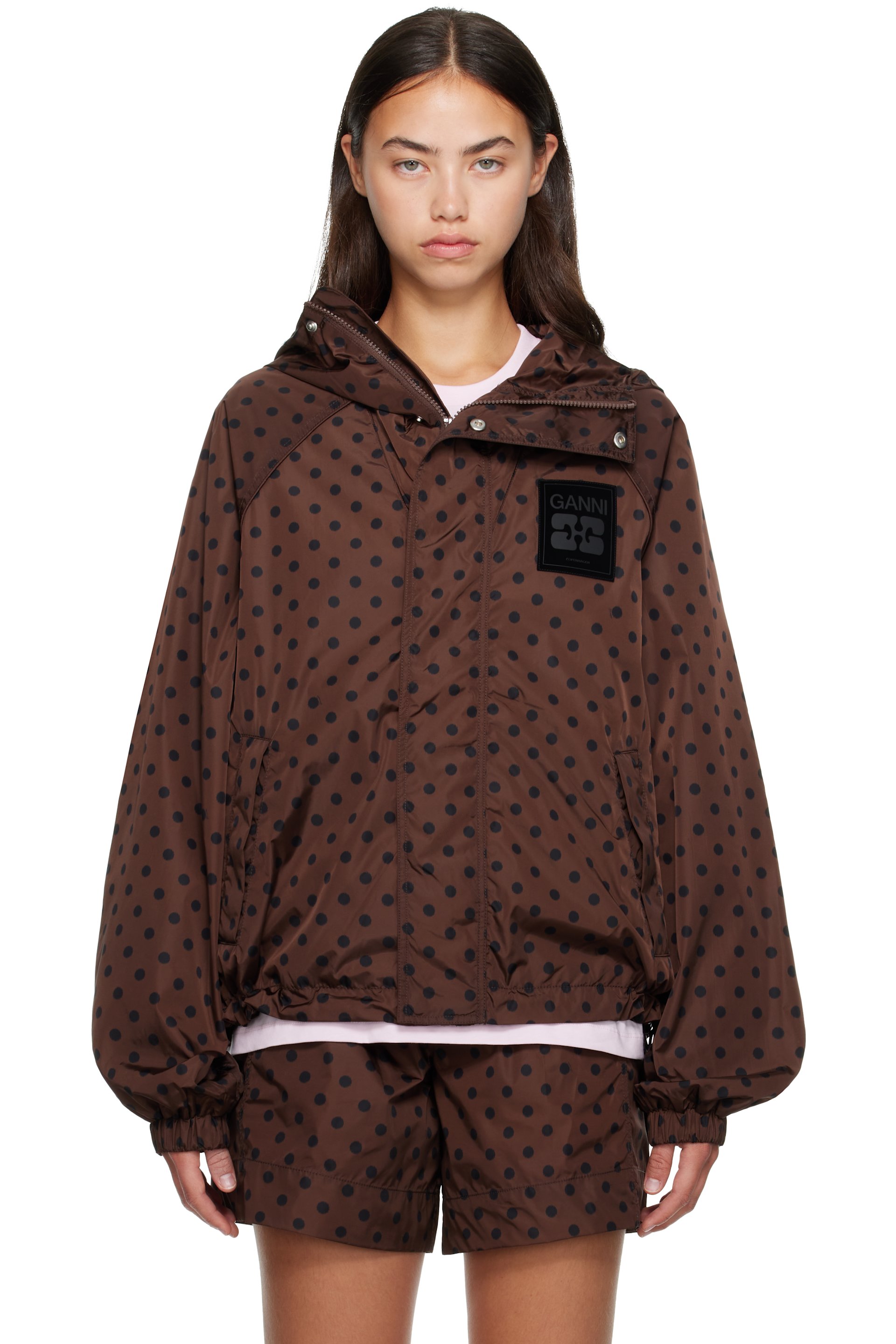 GANNI - Blouson brun en nylon à motif à pois imprimé
