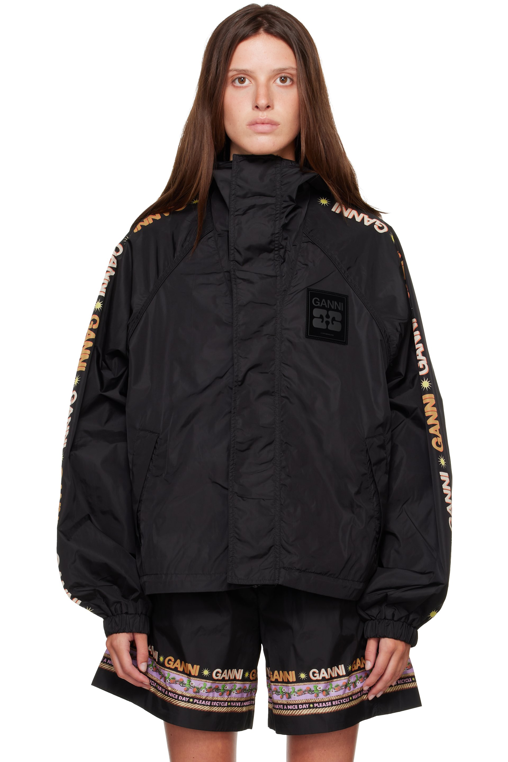 GANNI - Black Placement Printed Flyweight Nylon Jacket