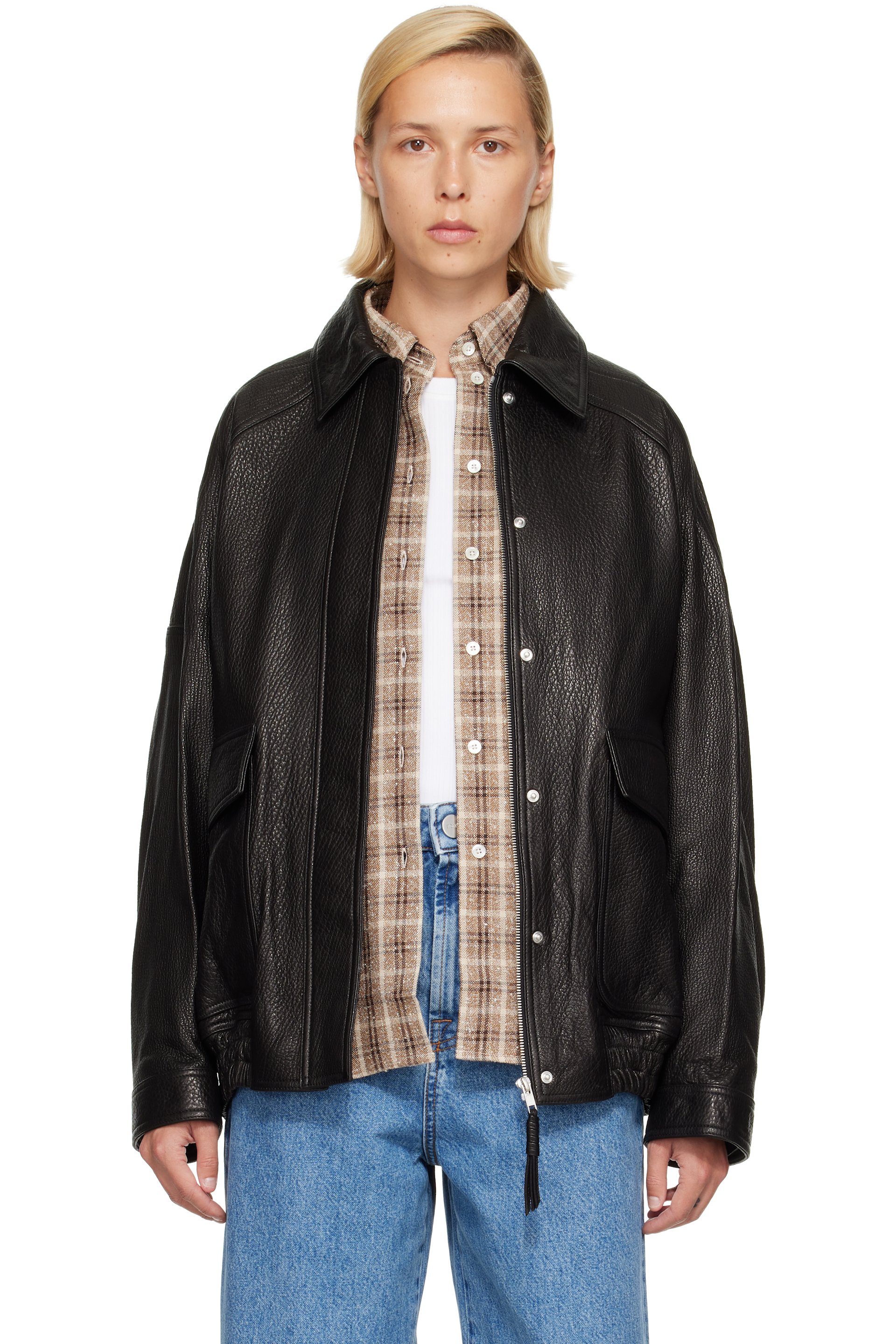 Róhe - Black Grain Aviator Leather Jacket