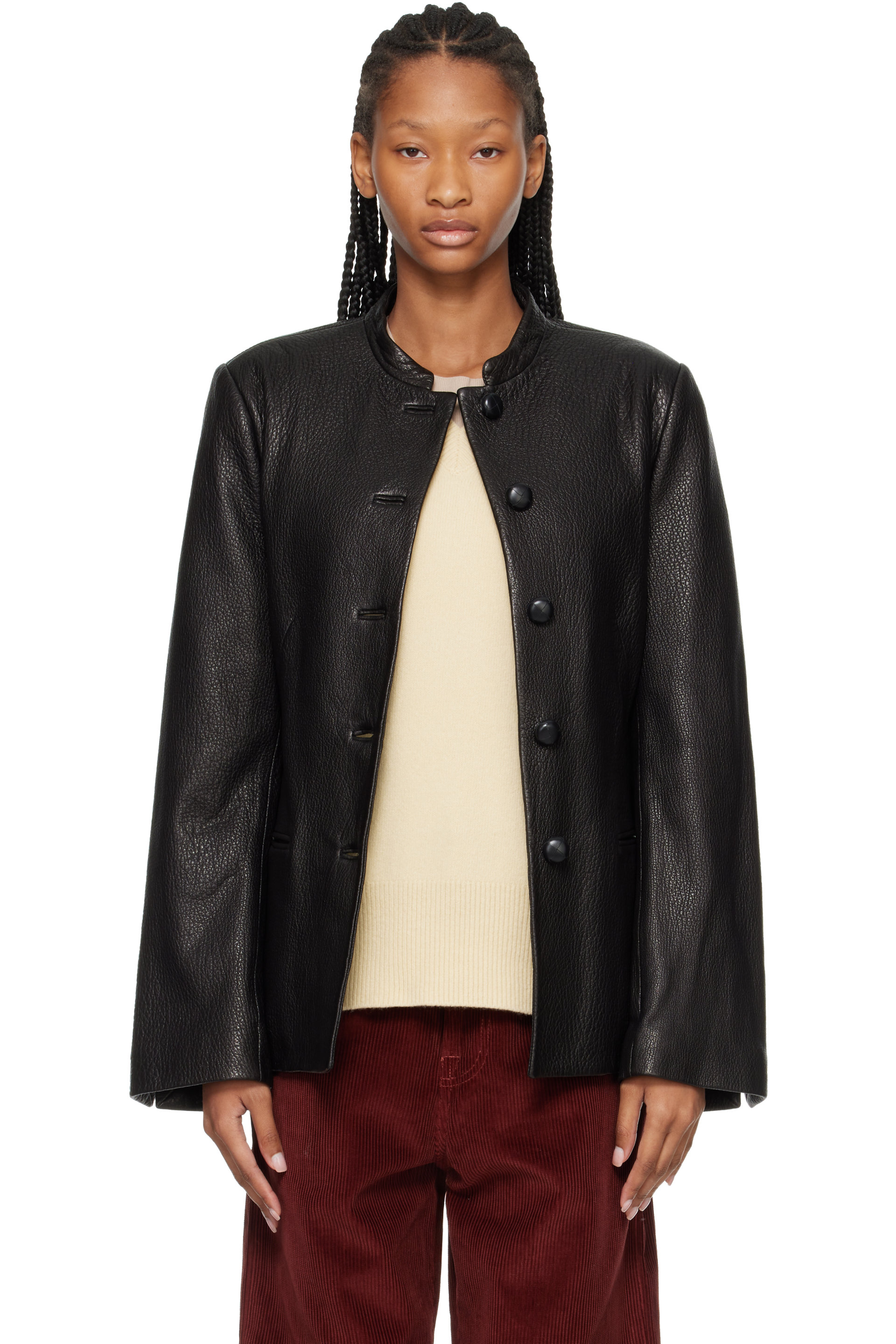 Róhe - Blouson noir en cuir grainé