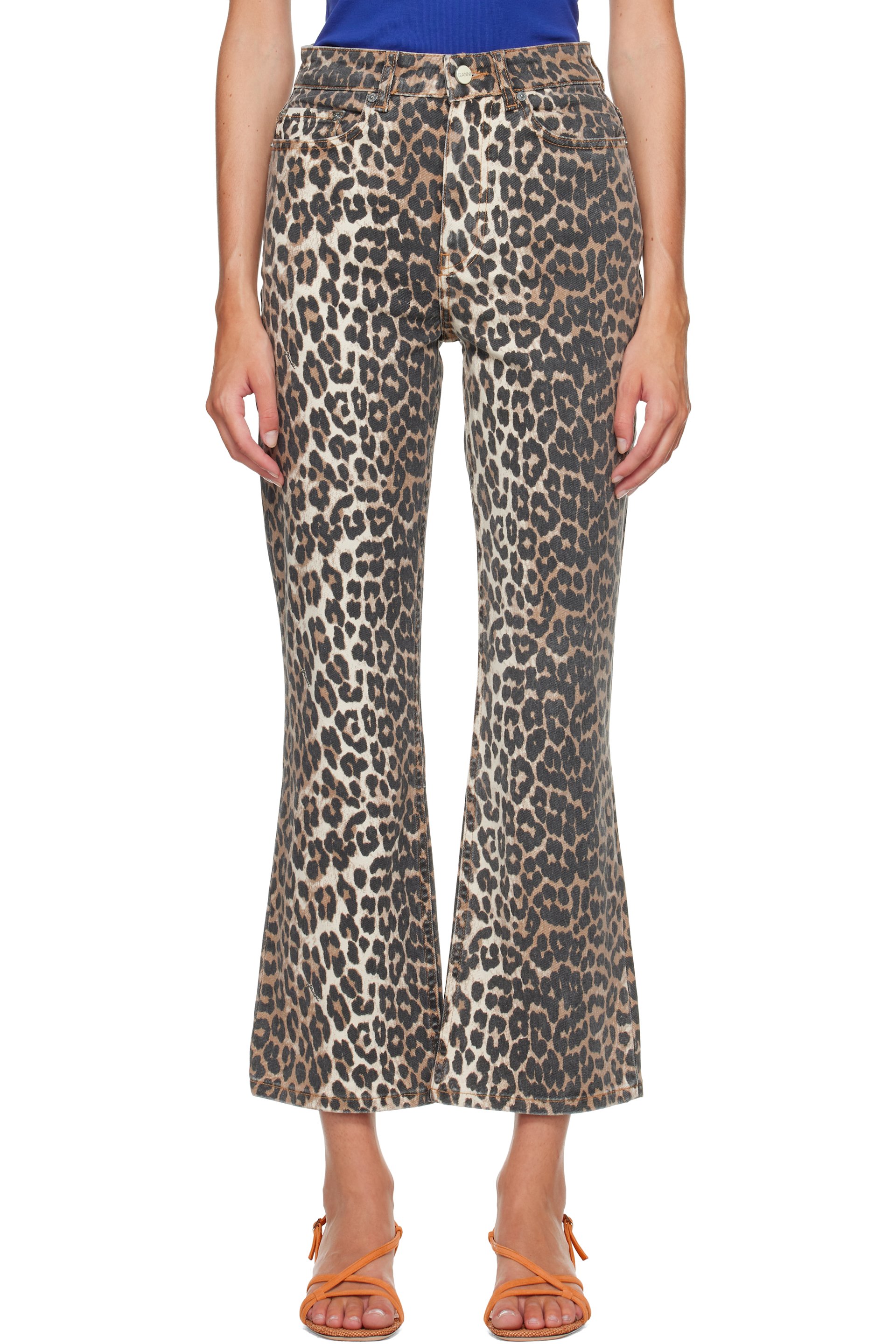 GANNI - 驼色 Betzy Cropped Leopard Print 牛仔裤