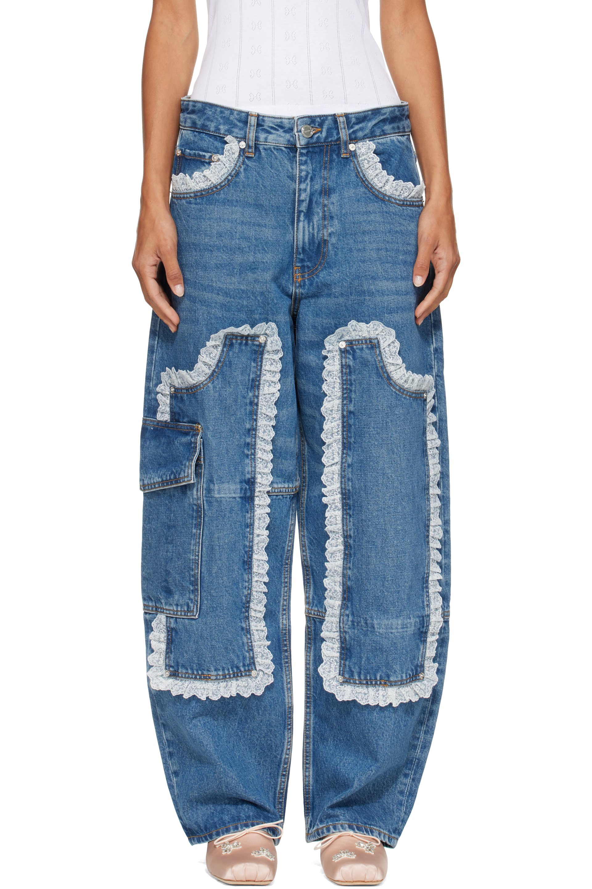 GANNI - Blue Audri Lace Cargo Jeans