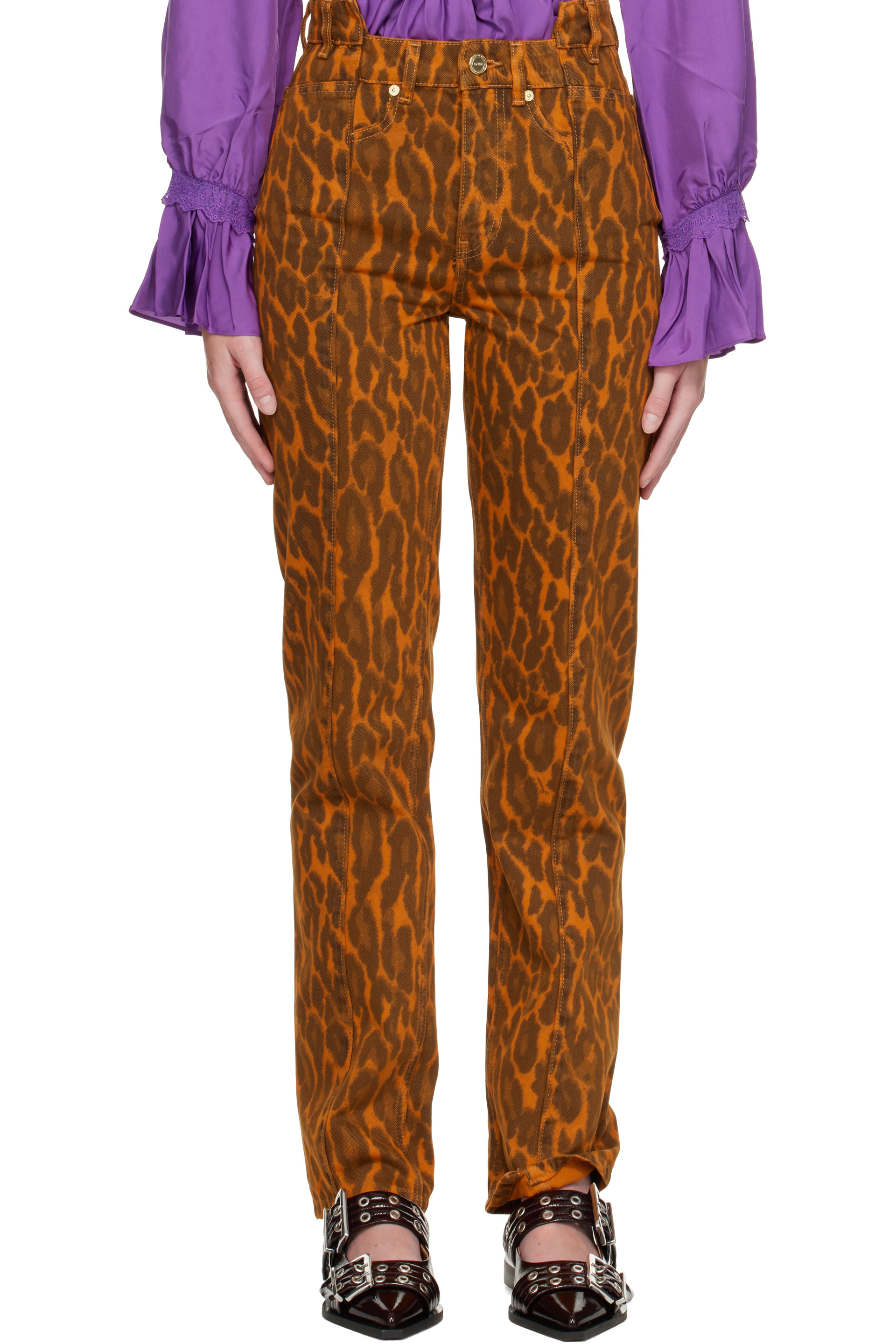 GANNI - Orange Fold Leopard Denim Jeans
