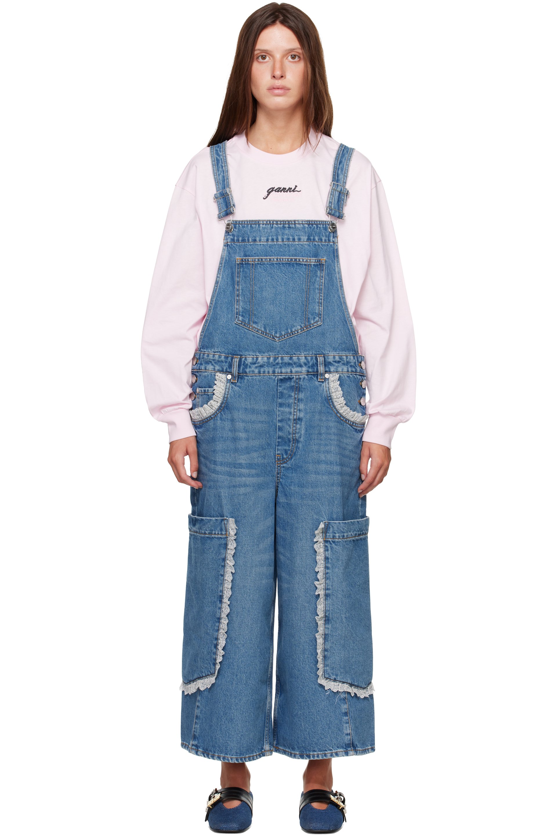 GANNI - Blue Cropped Lace Rigid Denim Overalls