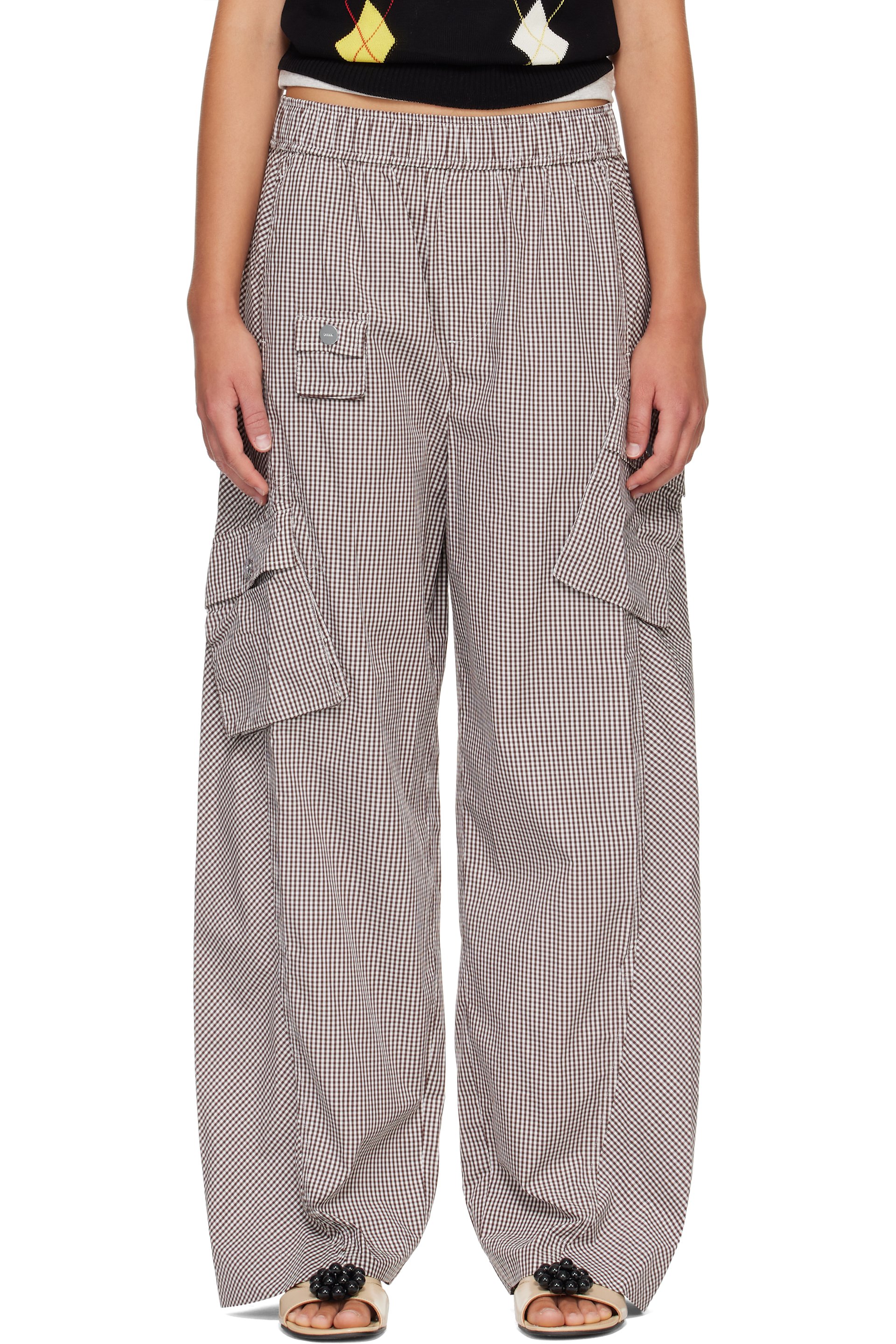 GANNI - Brown & White Check Cotton Cargo Pants