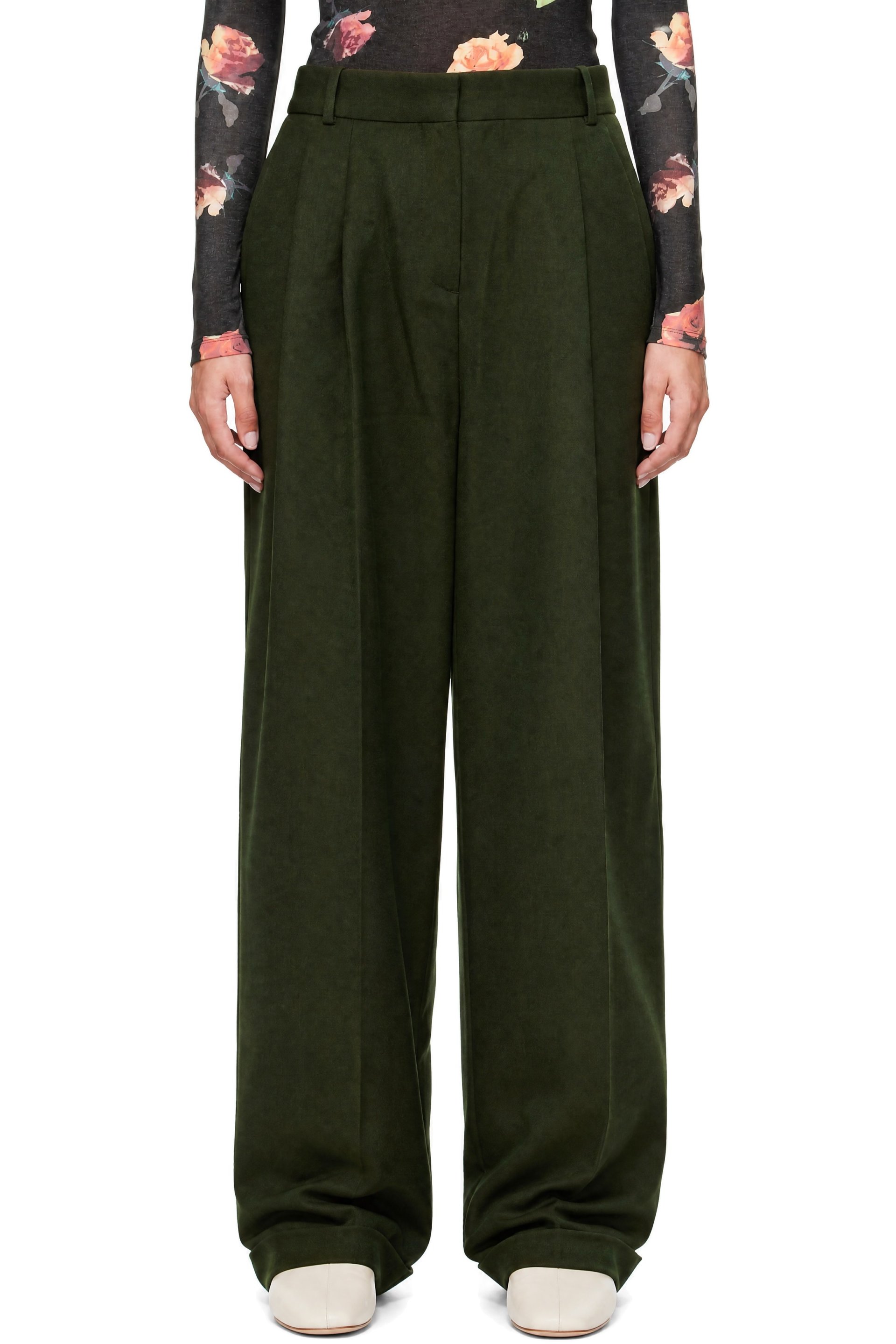 GANNI - Green Wool Twill Oversized Pleated Trousers