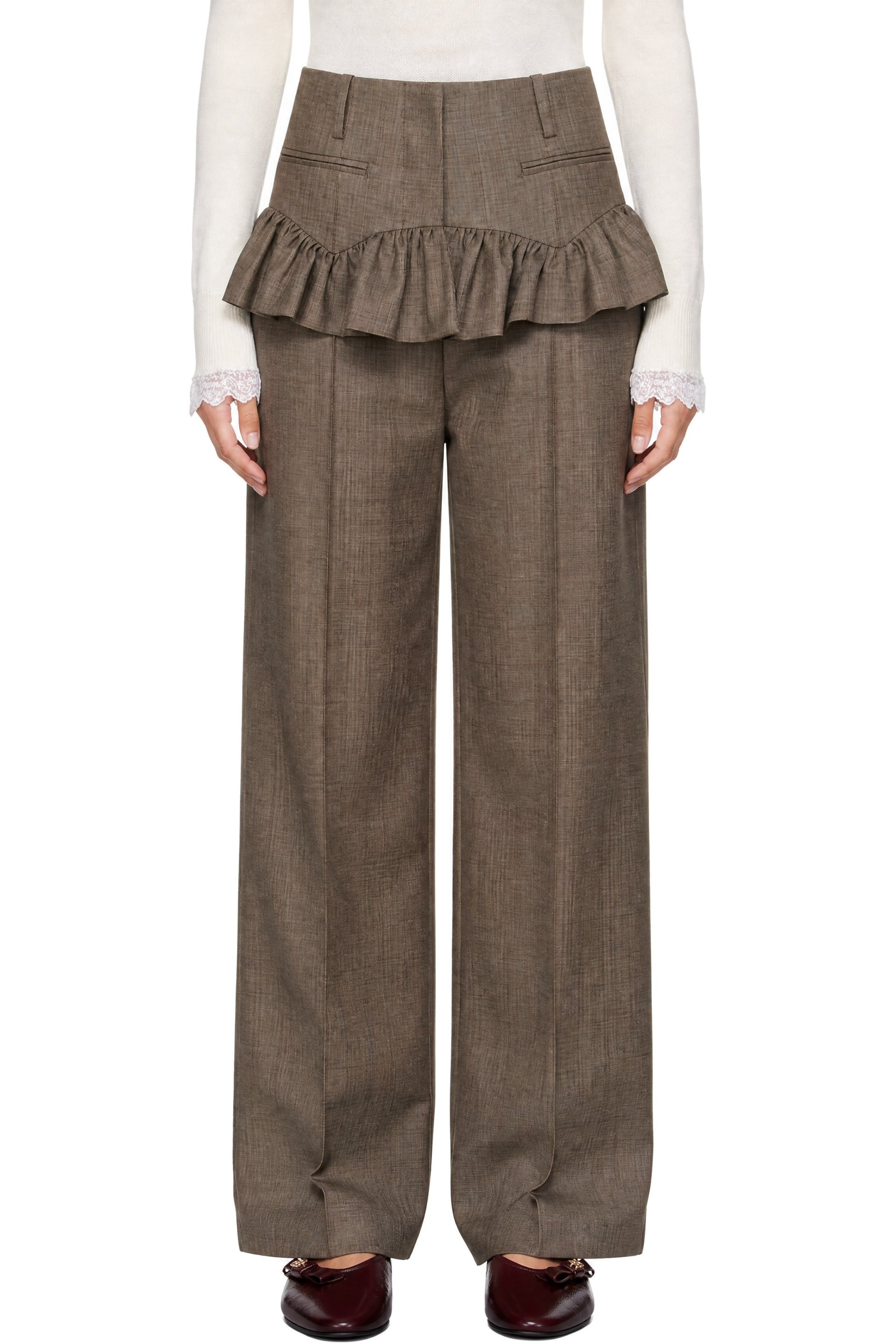 GANNI - Pantalon gris en tissu de costume et en laine à garnitures de style jupe