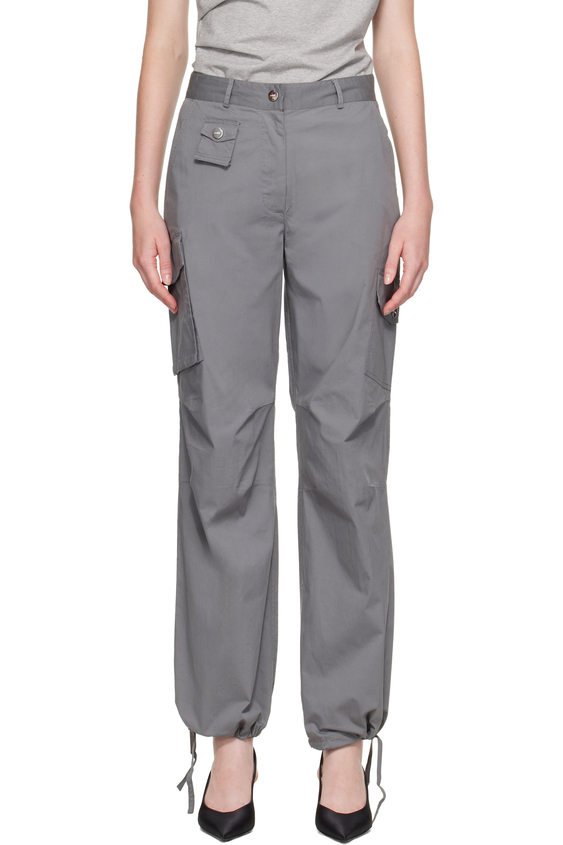 GANNI - Pantalon cargo gris en popeline extensible de coton à poches