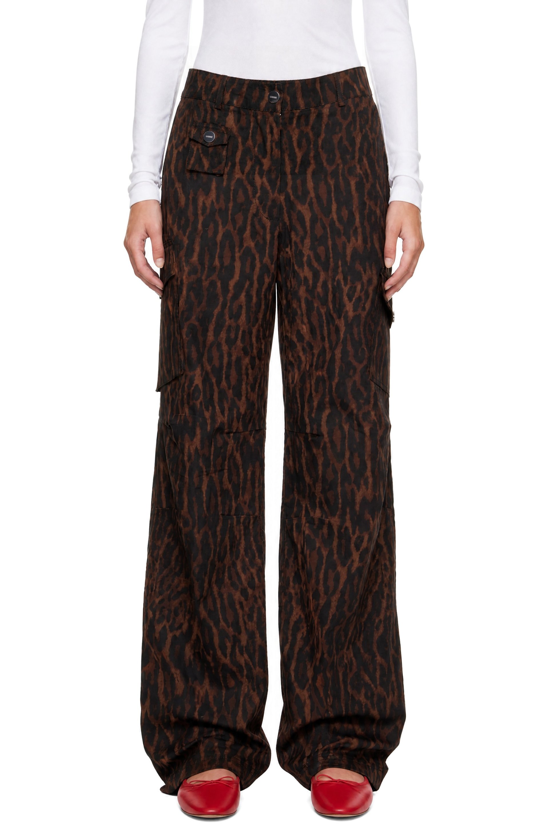 GANNI - Brown Printed Cotton Cargo Pants