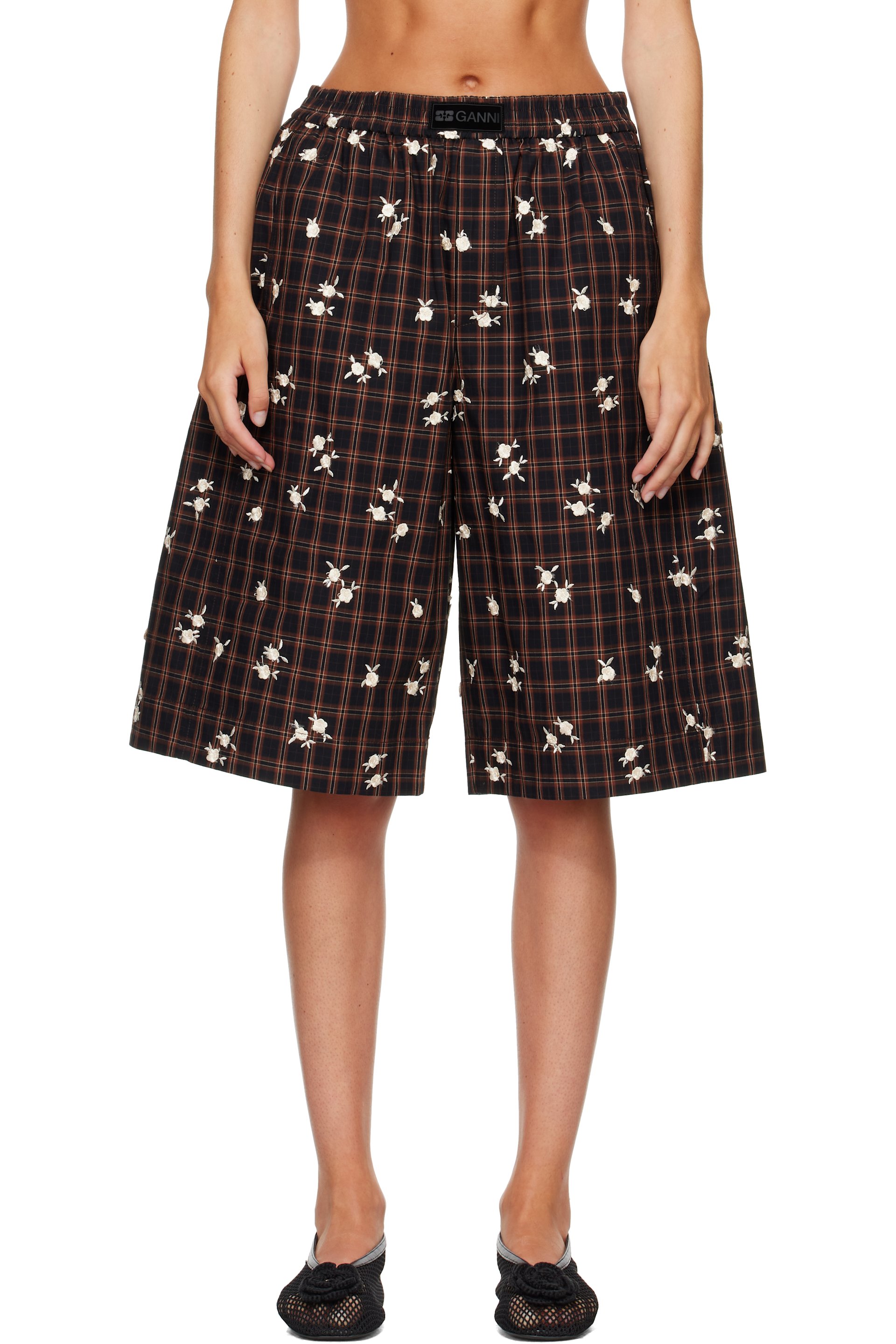 GANNI - Brown Printed Check Shorts