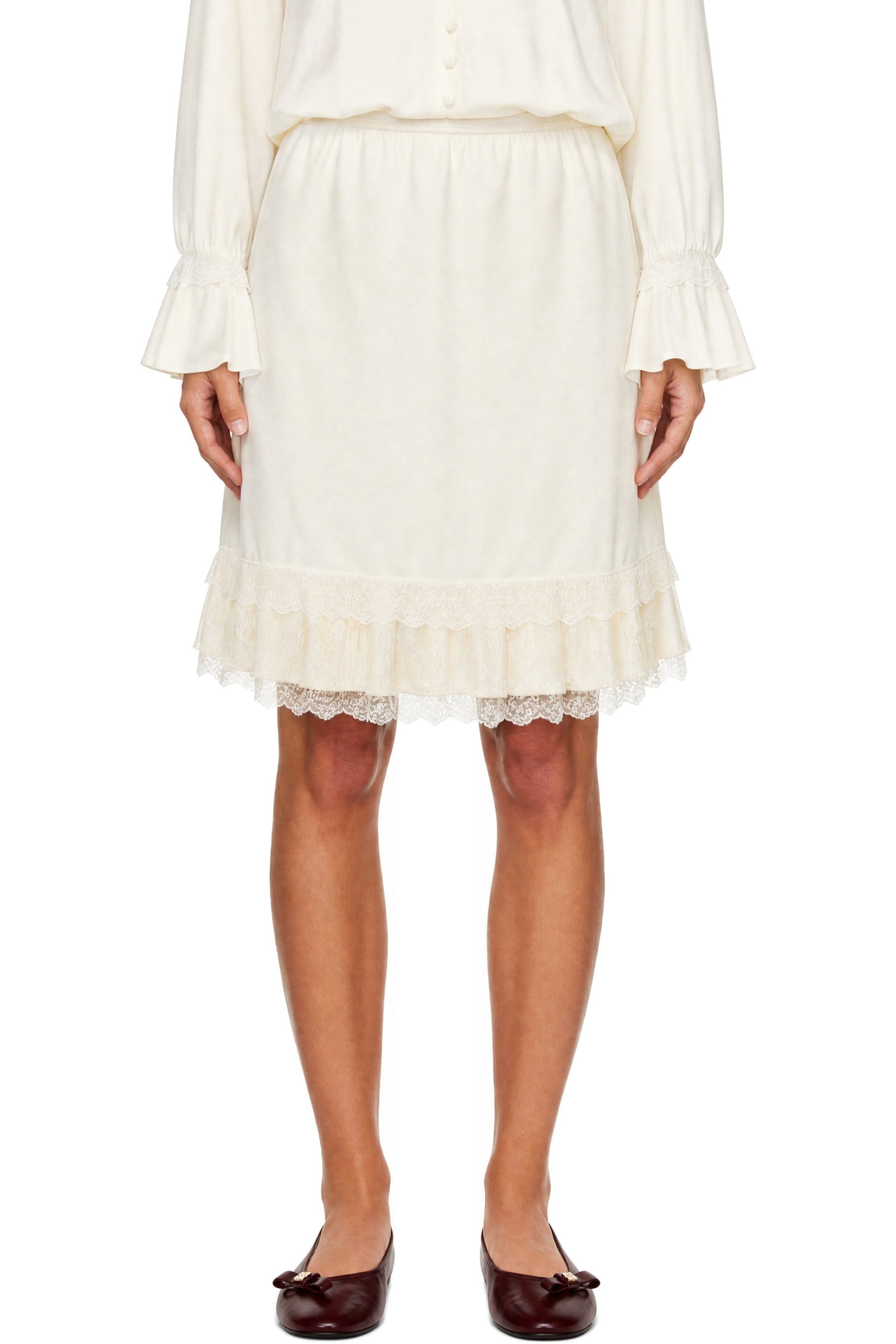 GANNI - Off-White Frill Satin Midi Skirt