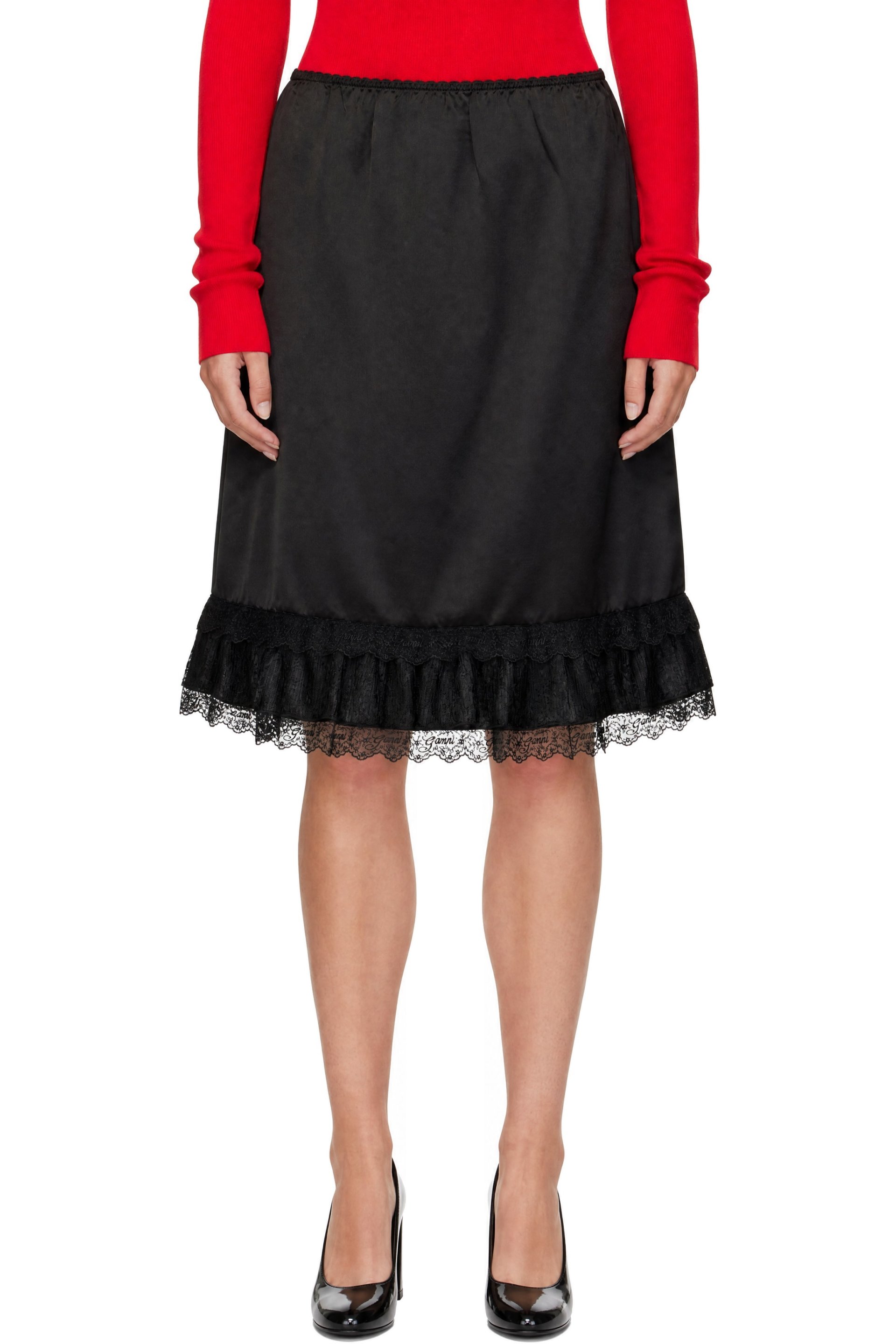 GANNI - Black Frill Satin Midi Skirt