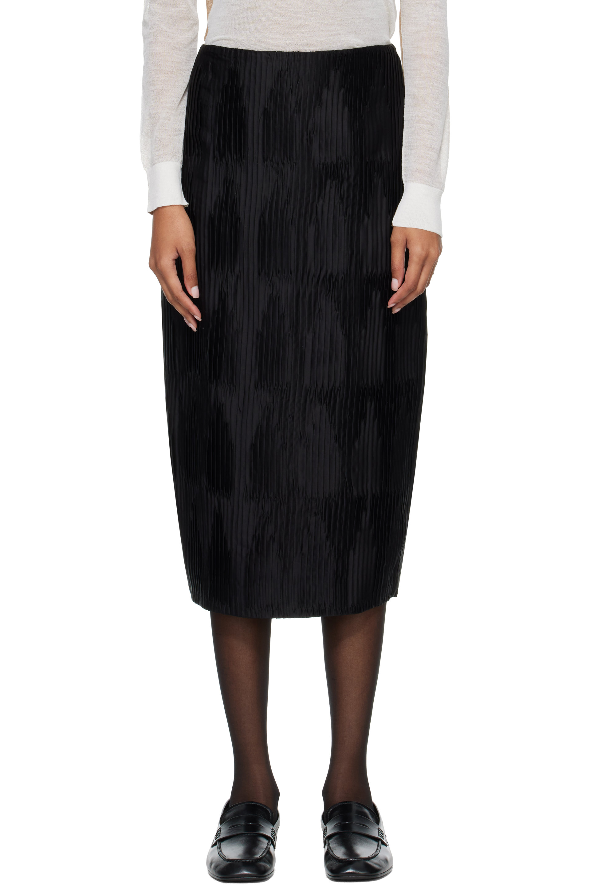 Róhe - Black Plissé Satin Midi Skirt