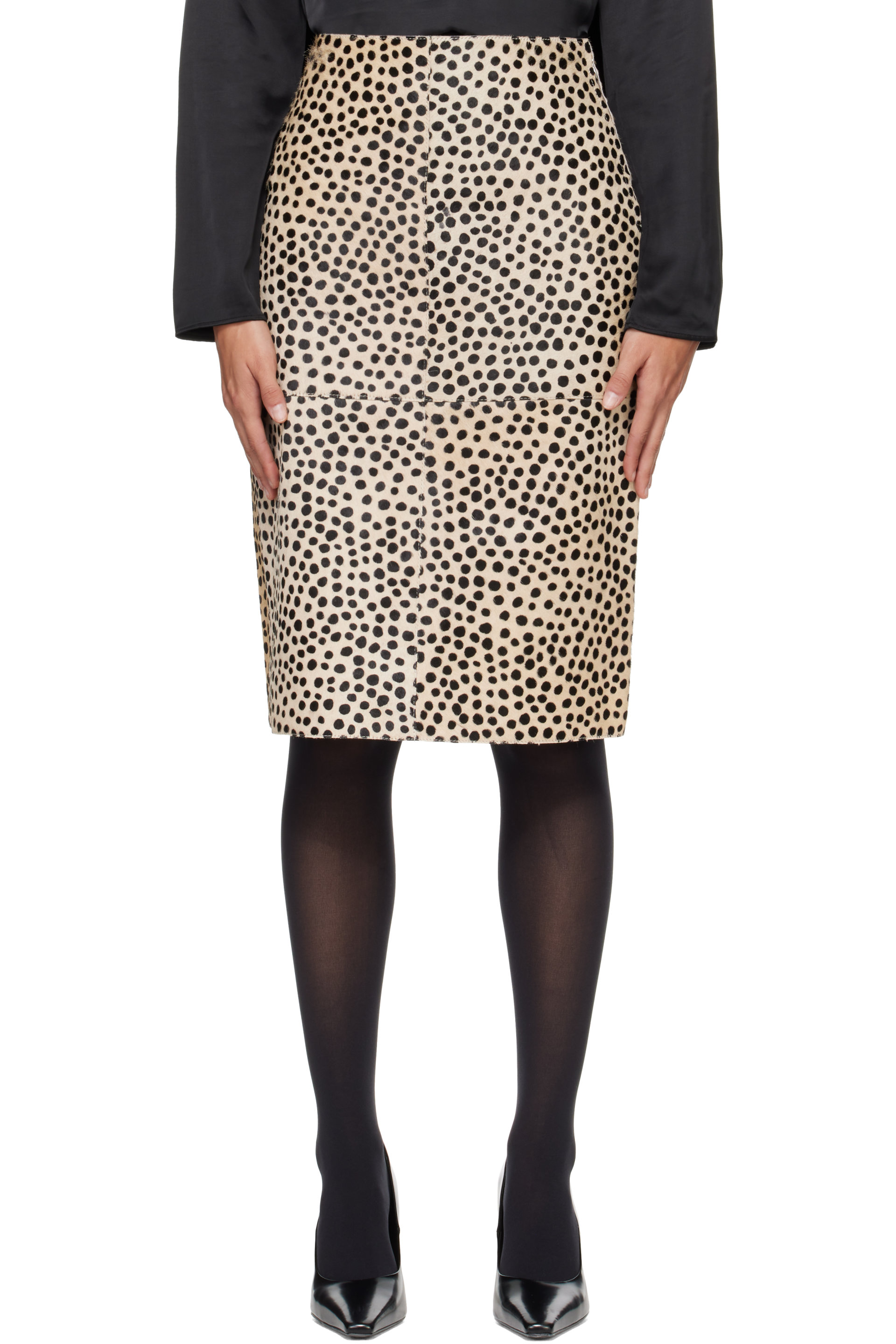 Róhe - Beige Leather Pony Hair Pencil Midi Skirt