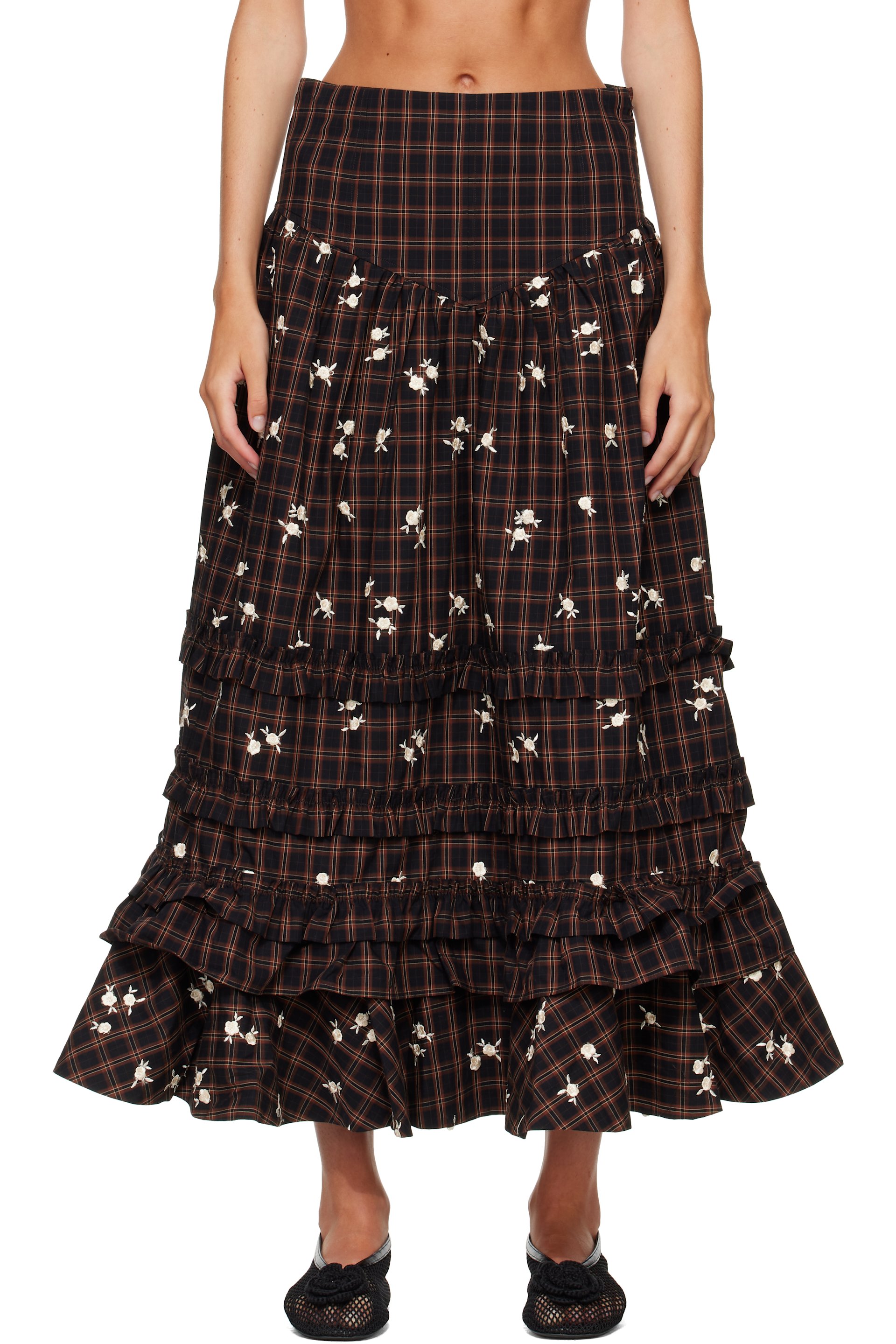 GANNI - Brown Yarn Dyed Check Long Tiered Frill Maxi Skirt