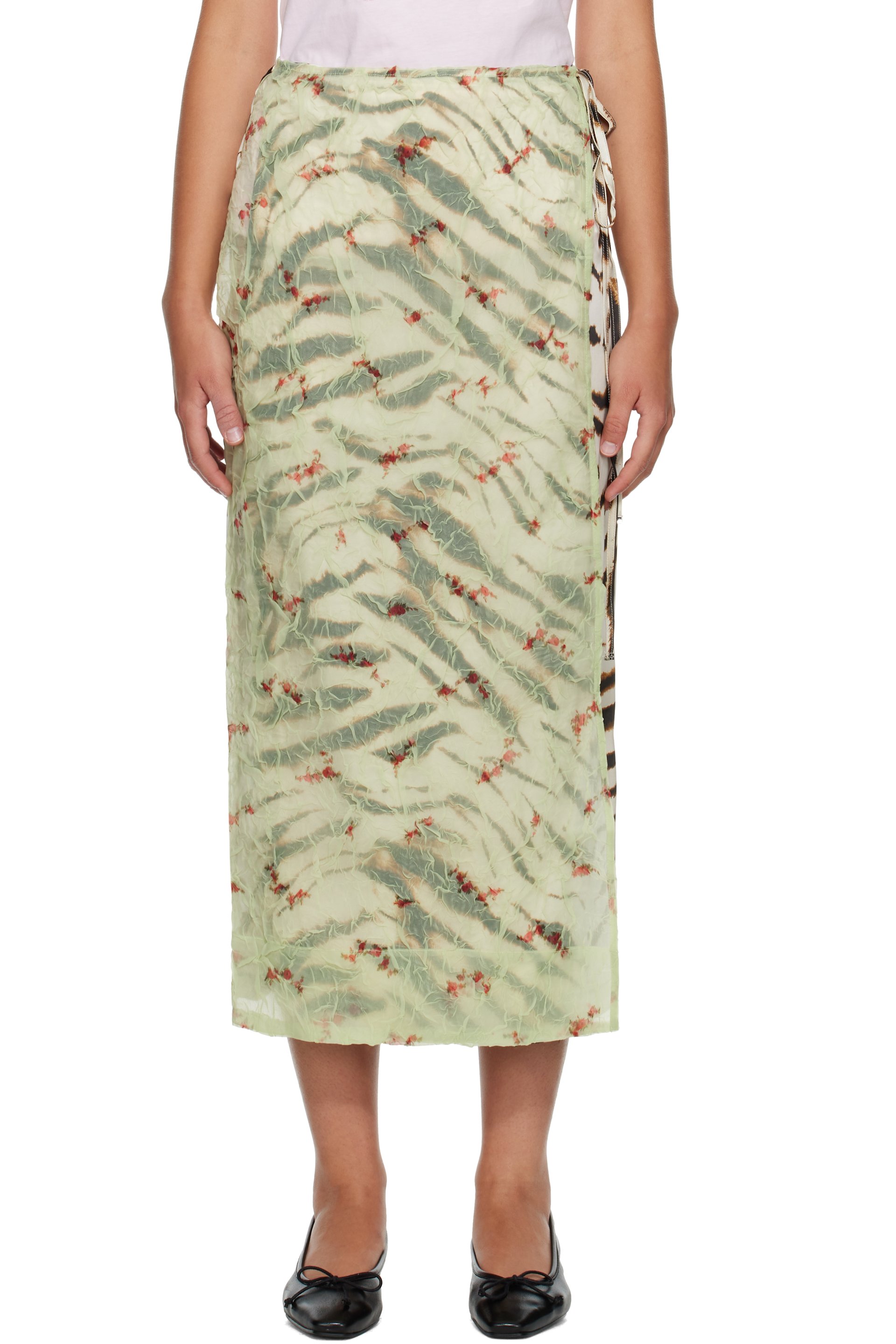 GANNI - オフホワイト＆グリーン Shibori Organza Printed ストレッチサテン マキシスカート