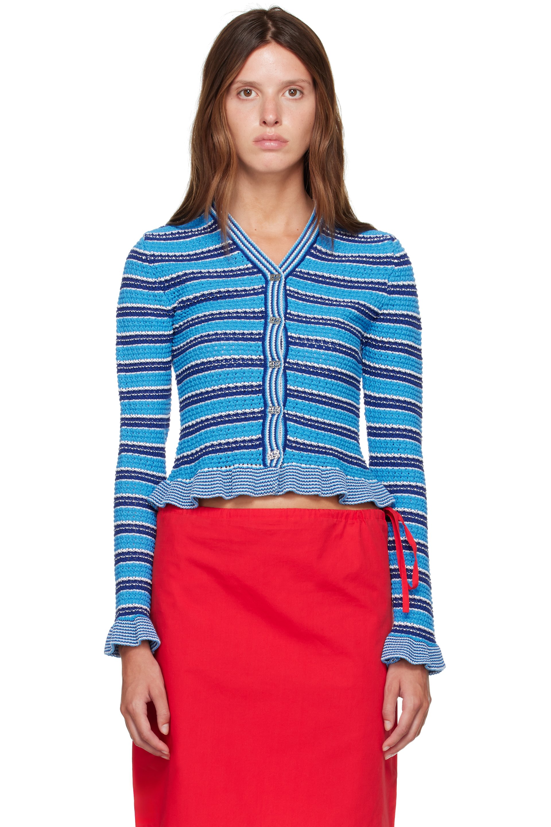 GANNI - Blue Cotton Pointelle Stripe Cardigan