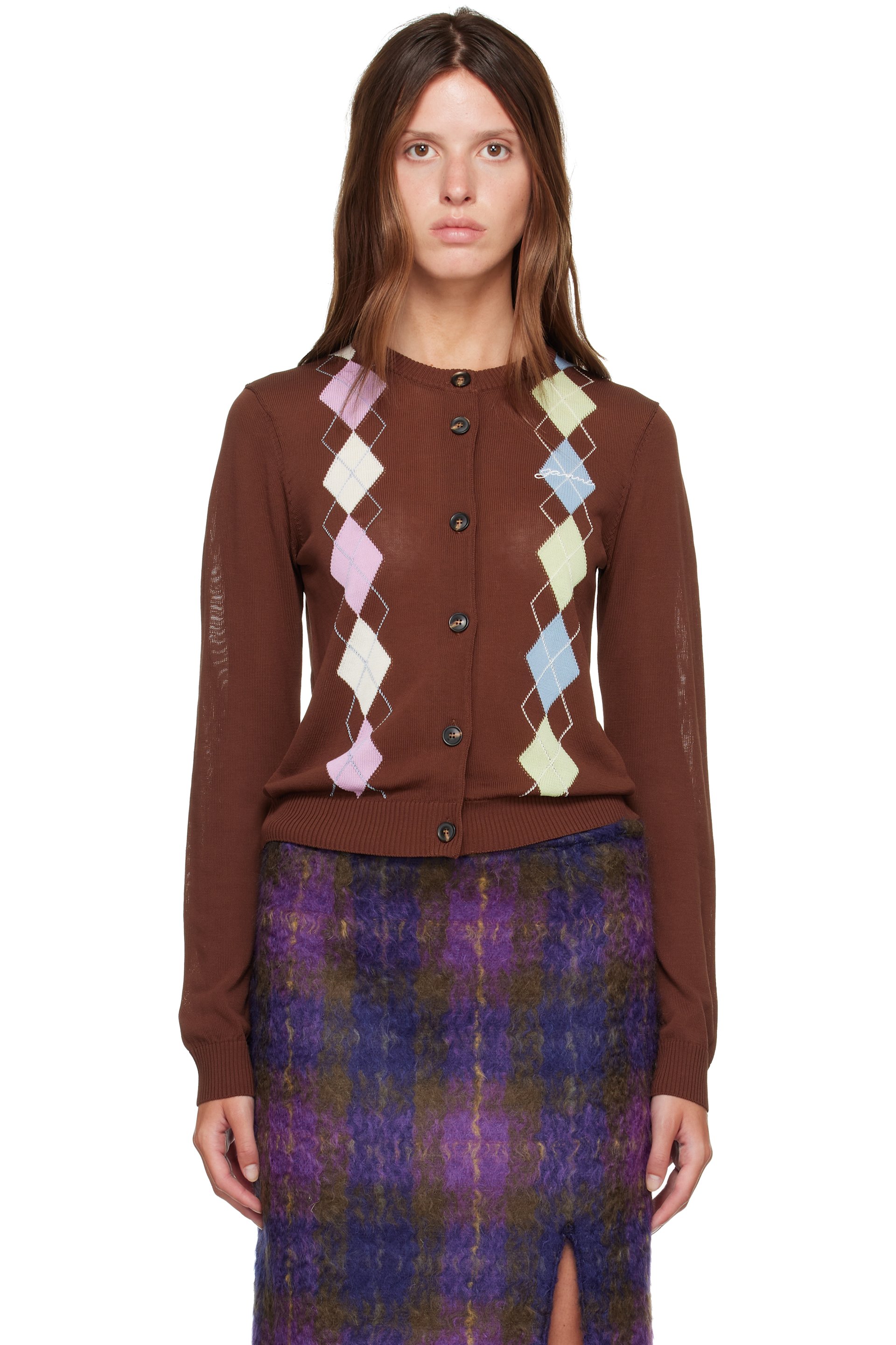 GANNI - Brown Argyle Cardigan
