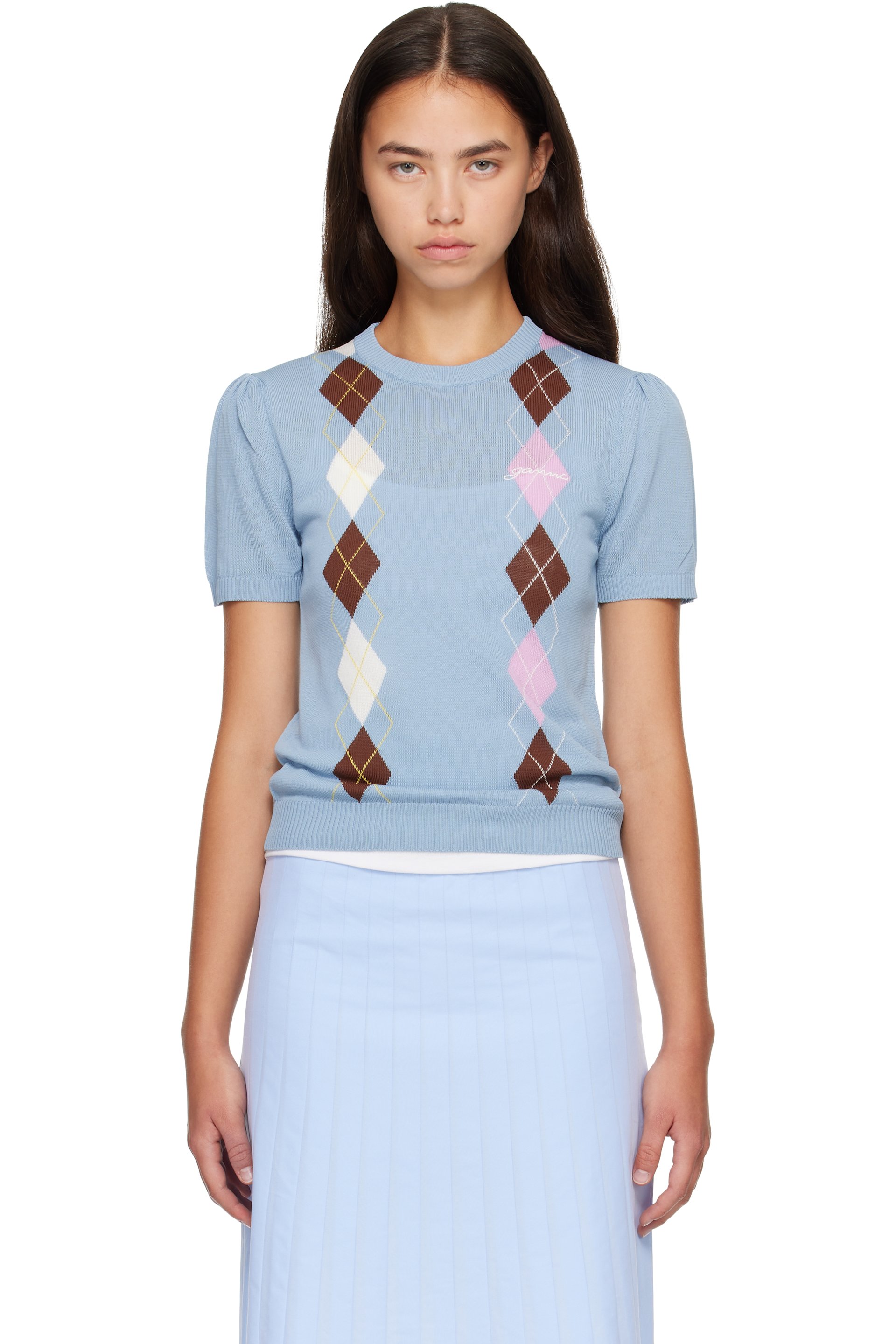GANNI - Pull bleu à motif argyle