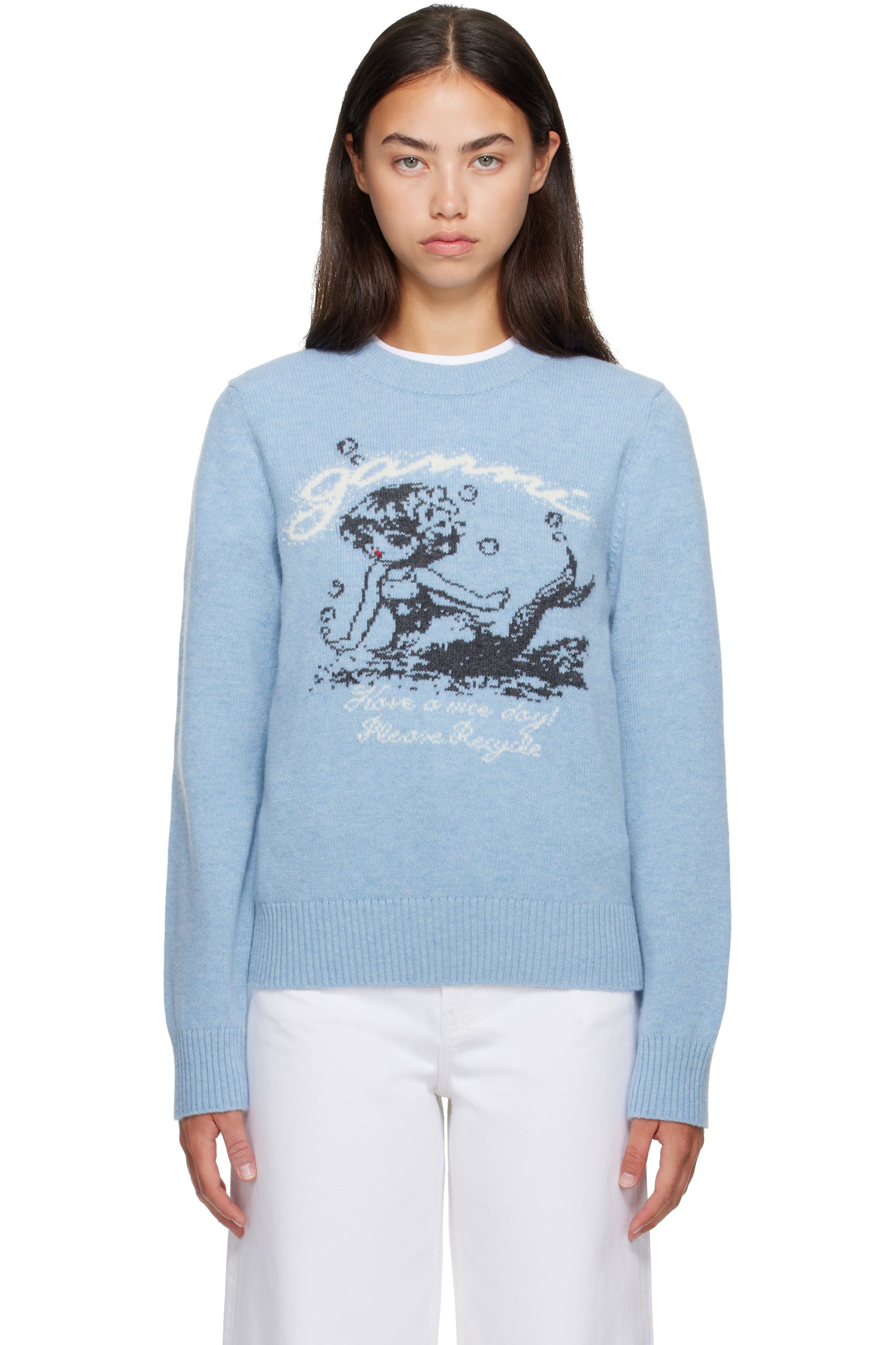 GANNI - Blue Mermaid Graphic Wool Sweater