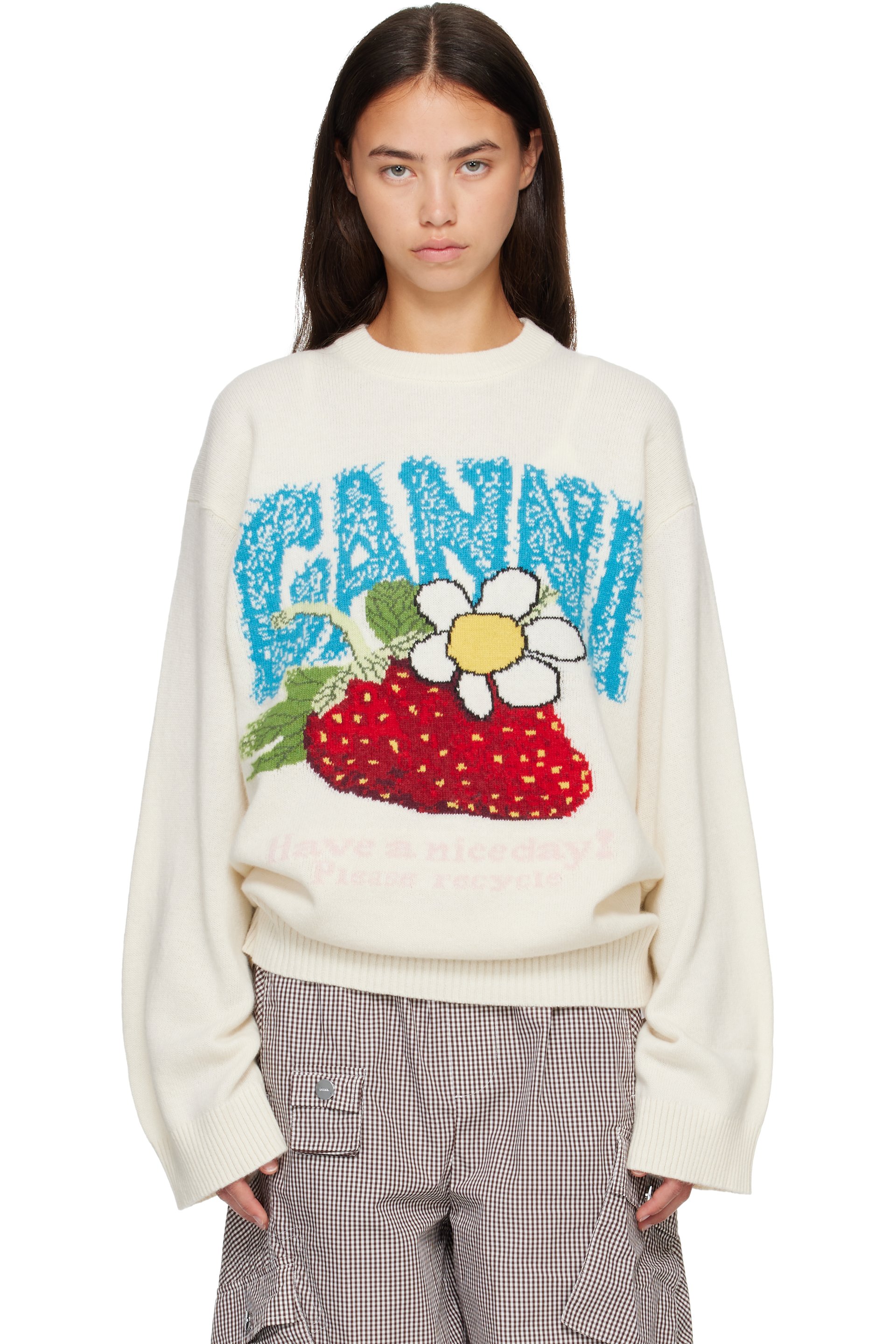 GANNI - Off-White Oversized Strawberry Sweater