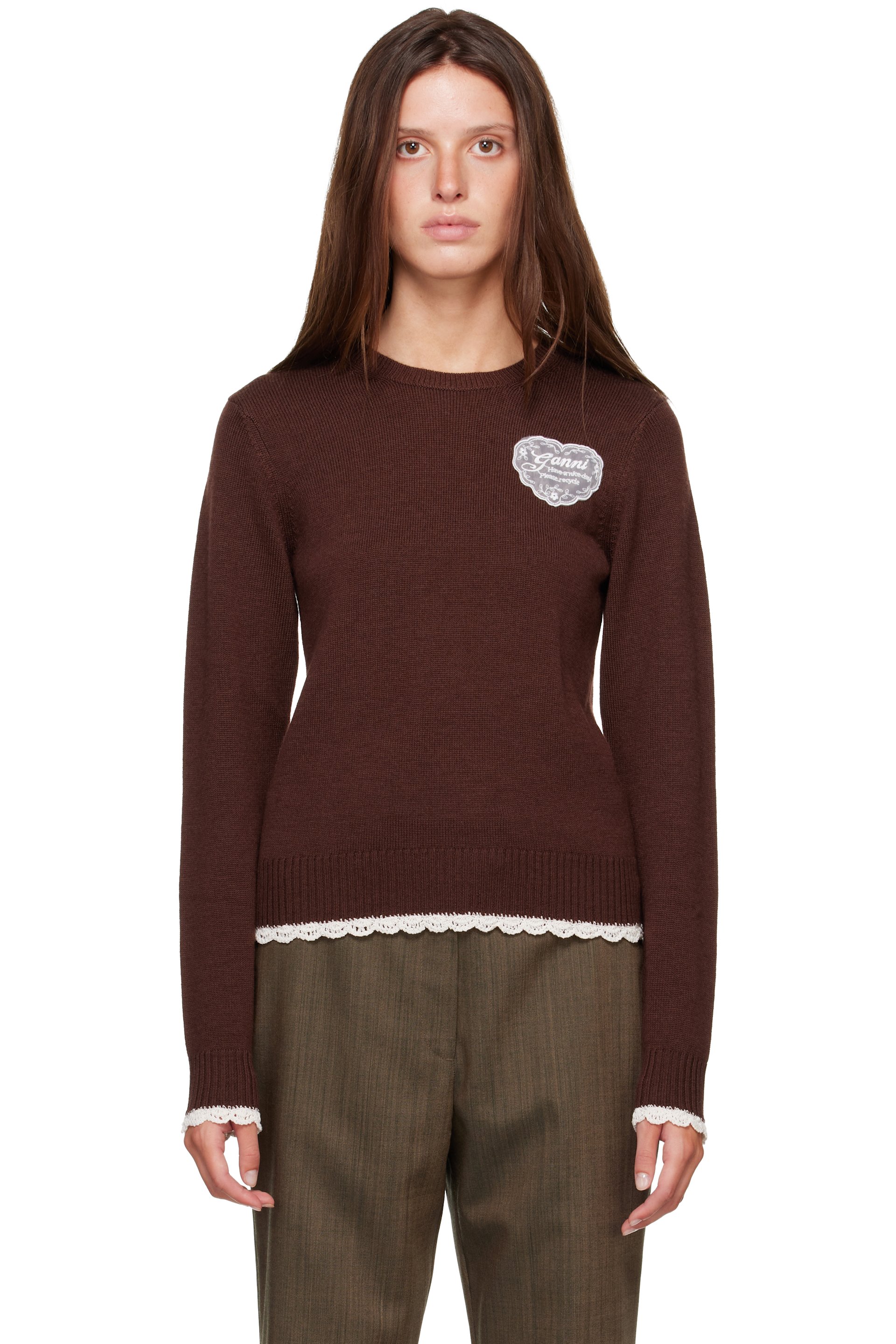 GANNI - Brown Crewneck Wool Sweater