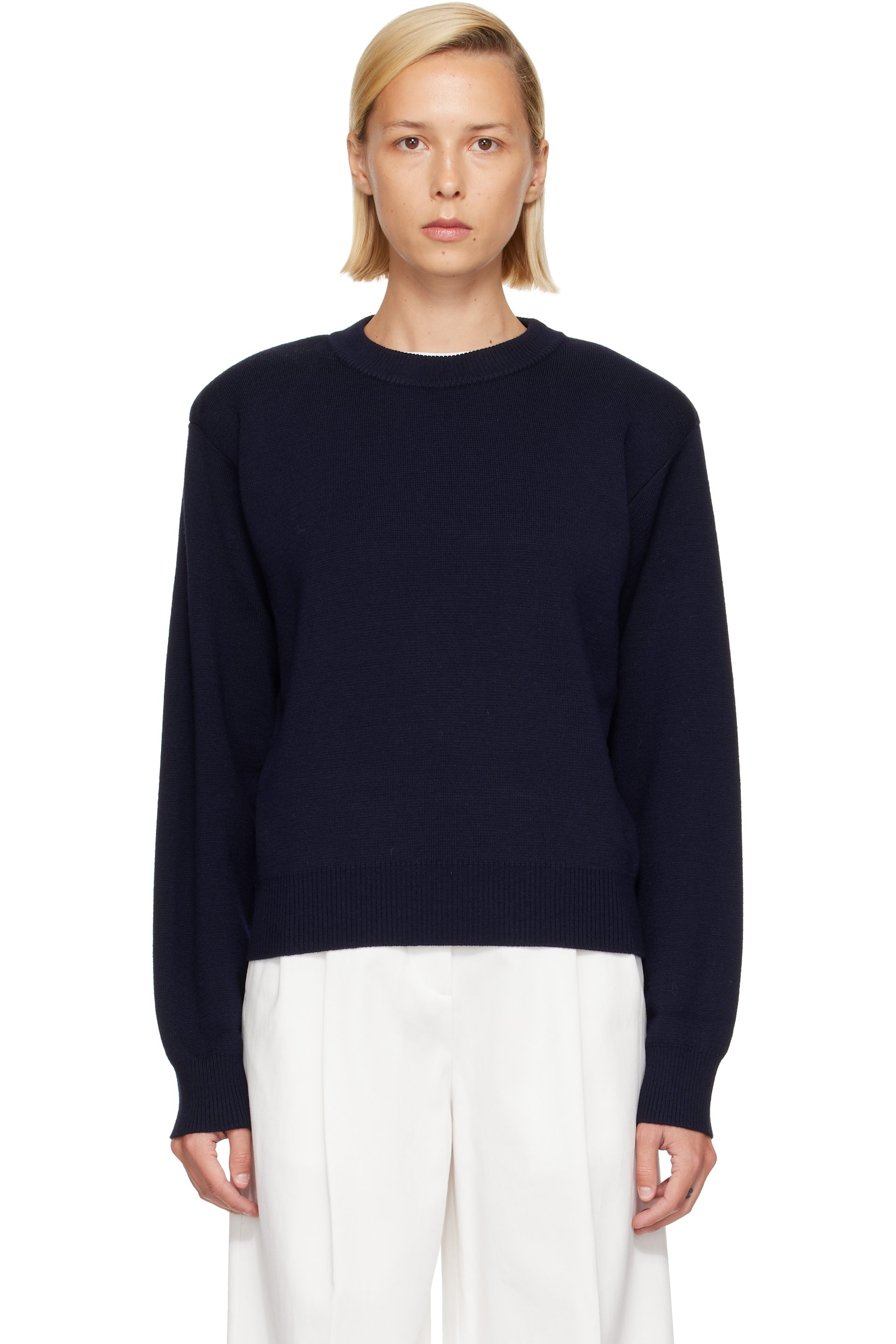 Róhe - Navy Statement Shoulder Crewneck Sweater