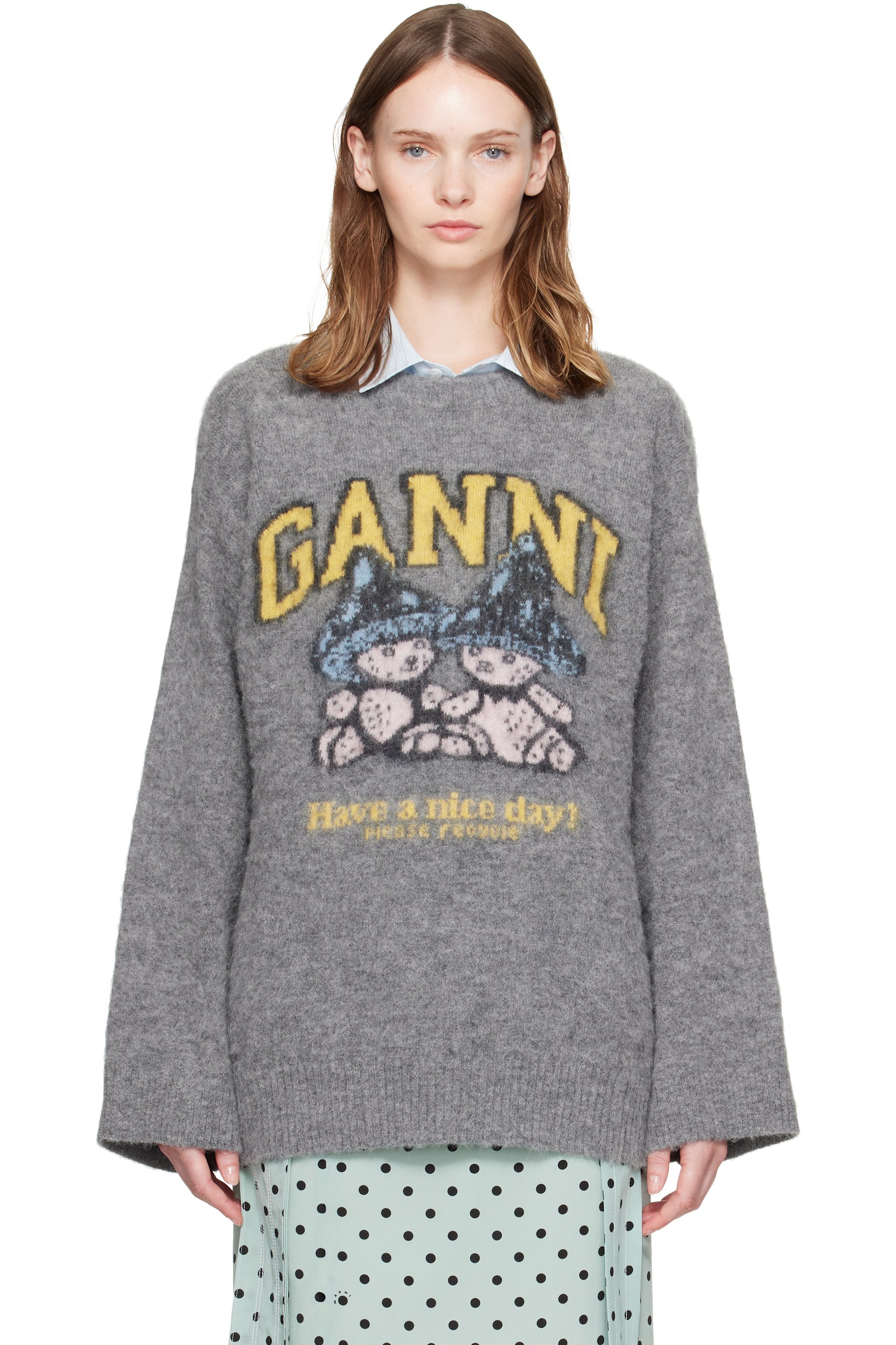 GANNI - Gray Brushed Alpaca Mushroom Teddy Oversized Sweater