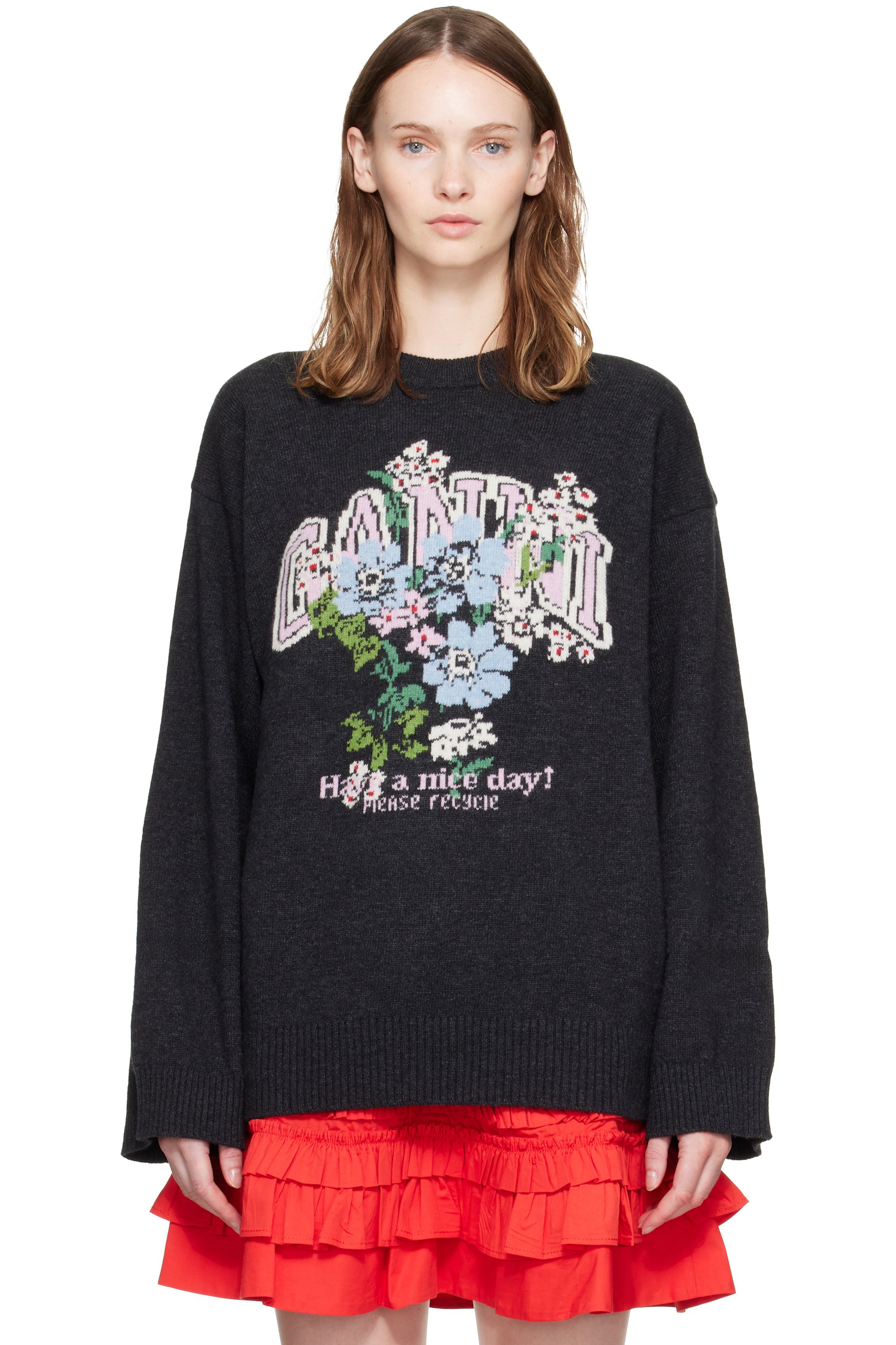 GANNI - Black Wool Flowers Oversized Sweater