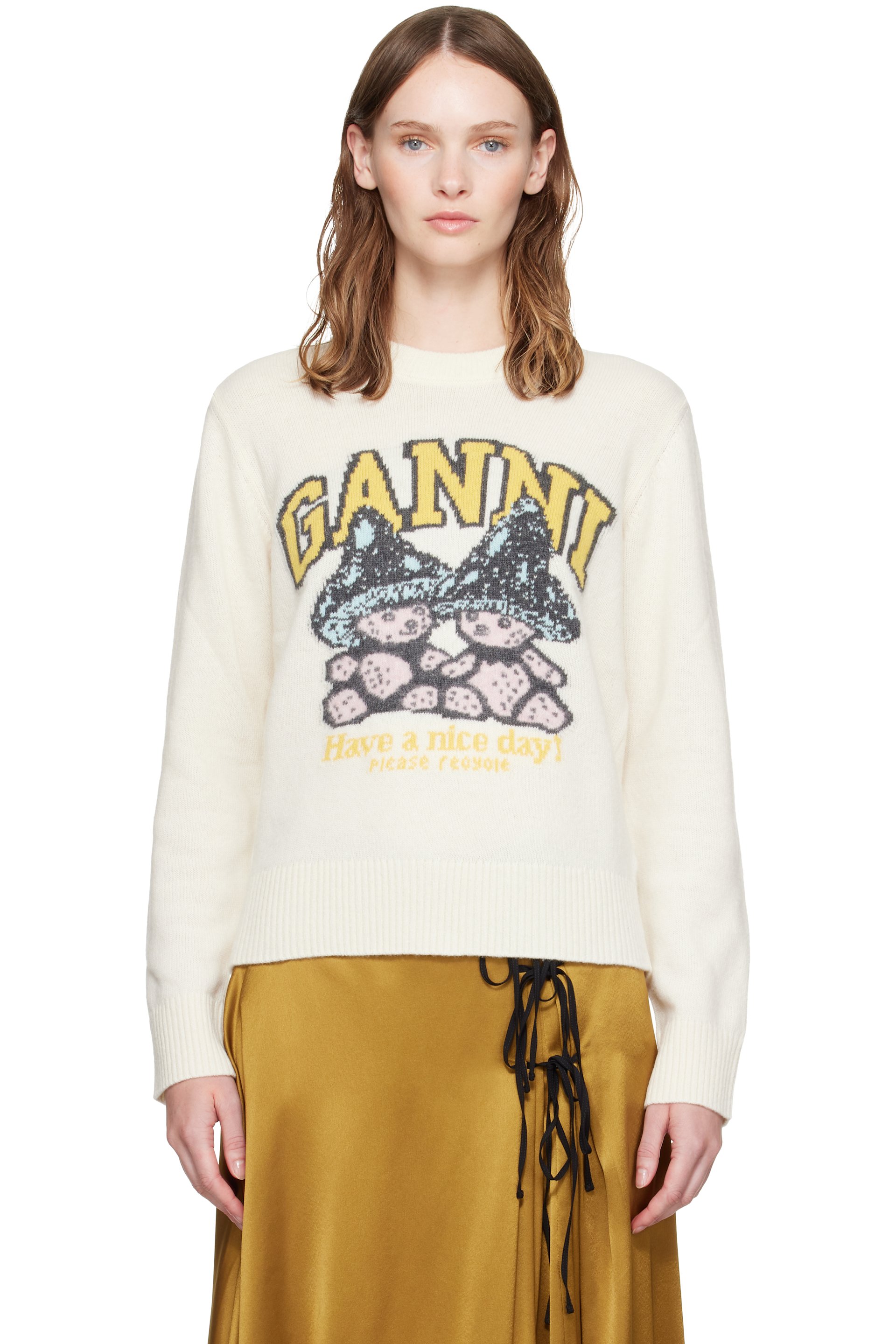 GANNI - Off-White Teddy Mushroom Wool Sweater