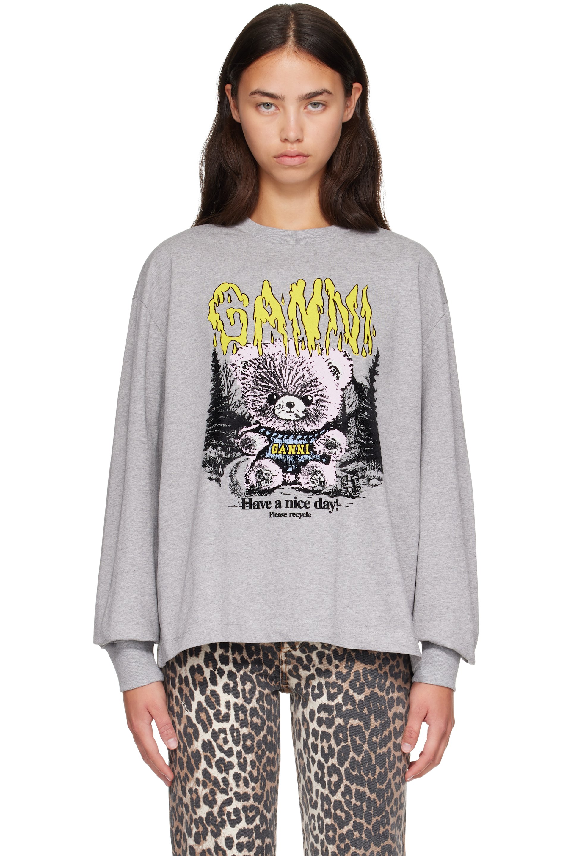 GANNI - Gray Long-Sleeve Teddy Forest T-shirt