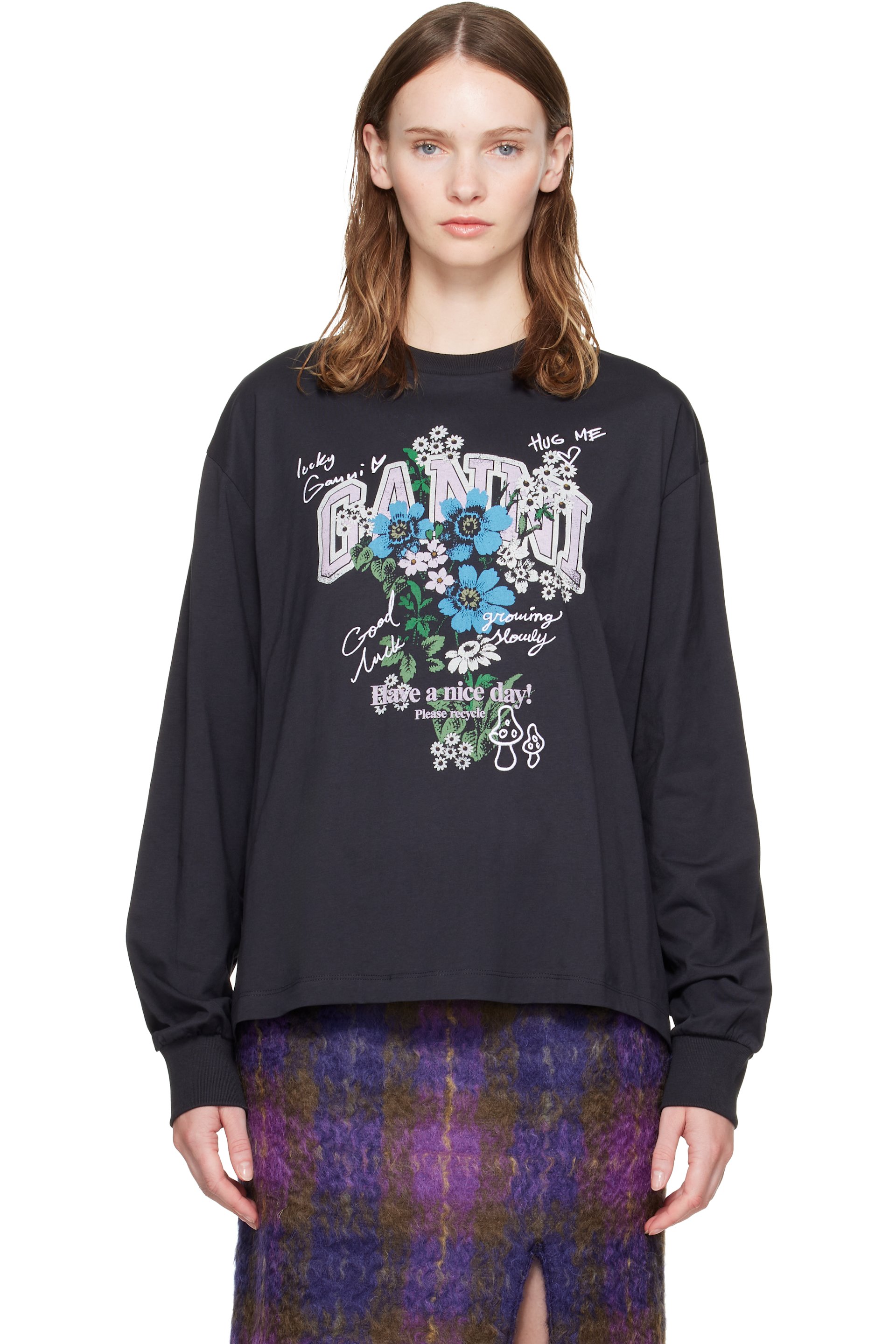 GANNI - Black Flowers Long Sleeve T-shirt