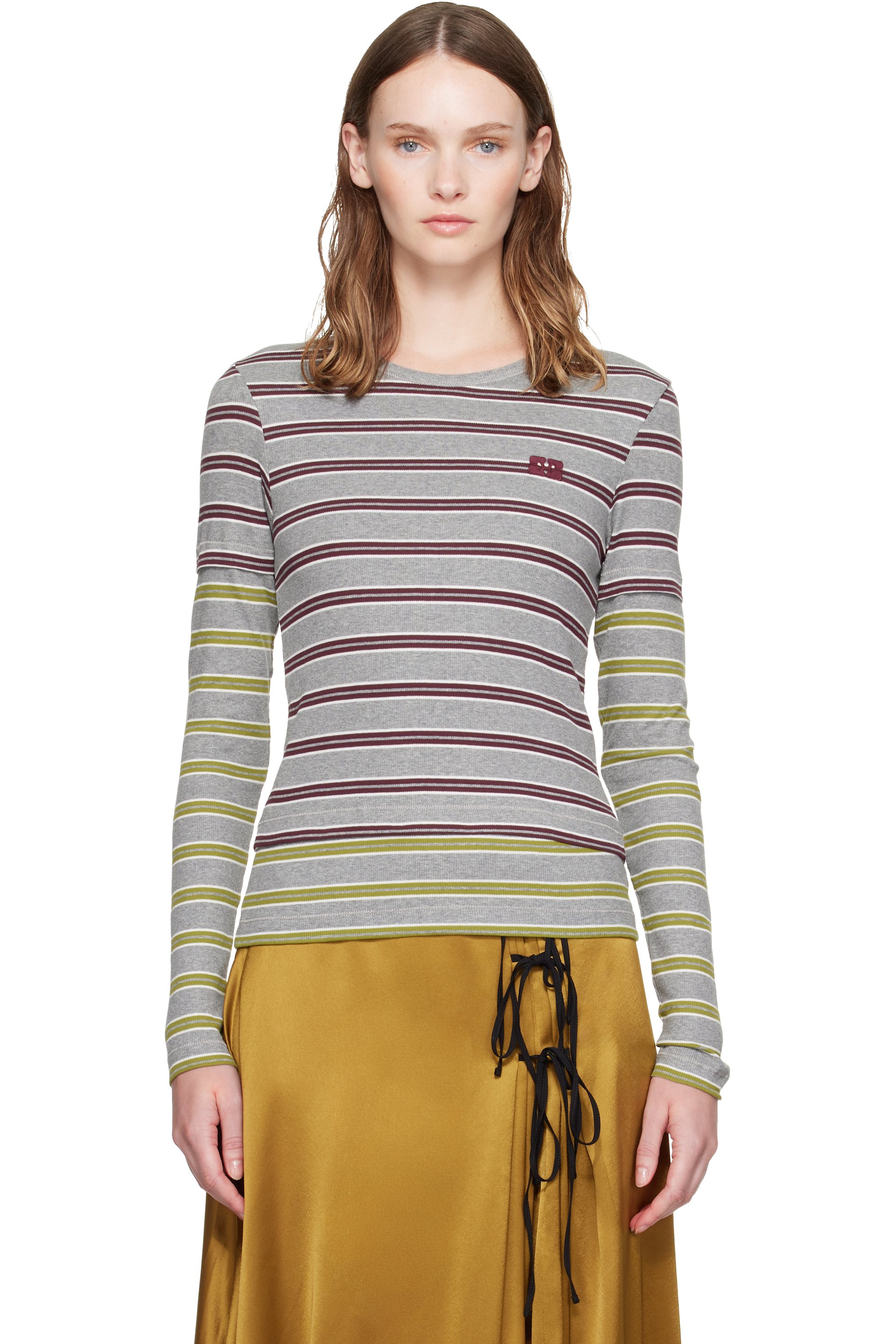 GANNI - Gray & Red Double Stripe Long-Sleeve T-shirt