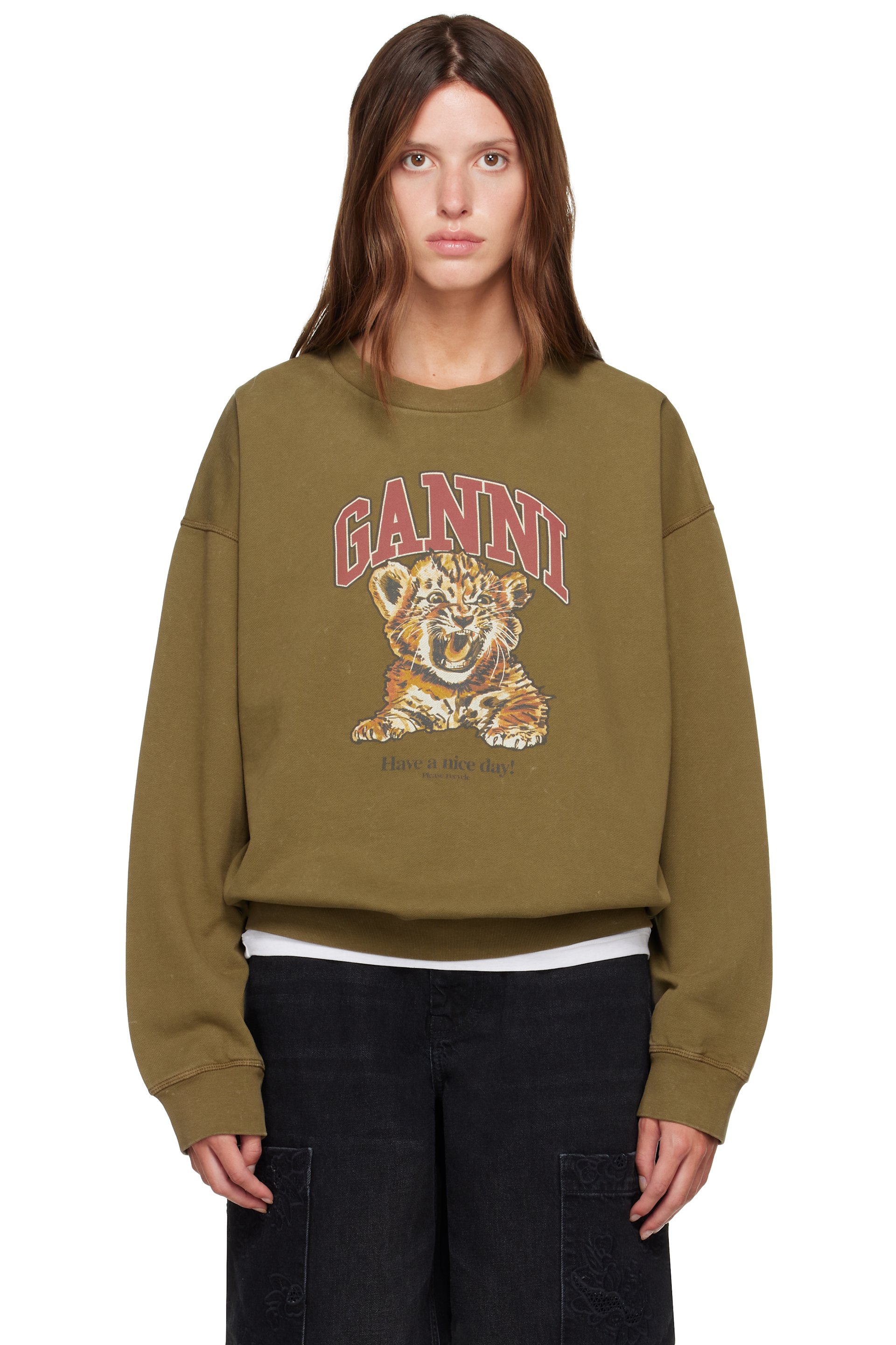 GANNI - Khaki Tiger Crewneck Sweatshirt