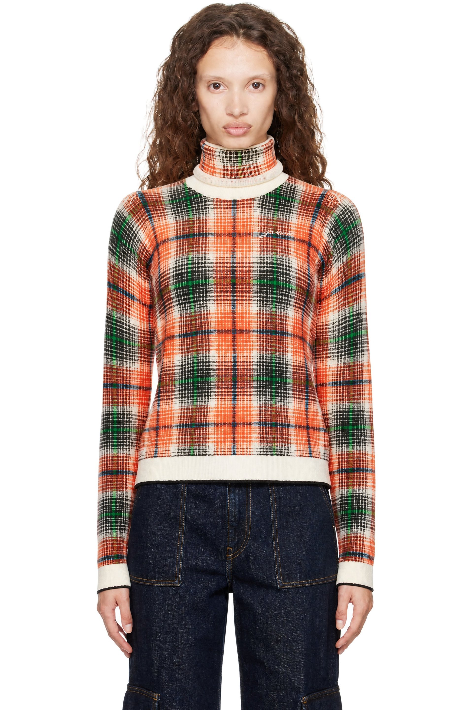 GANNI - Orange Check Merino Turtleneck