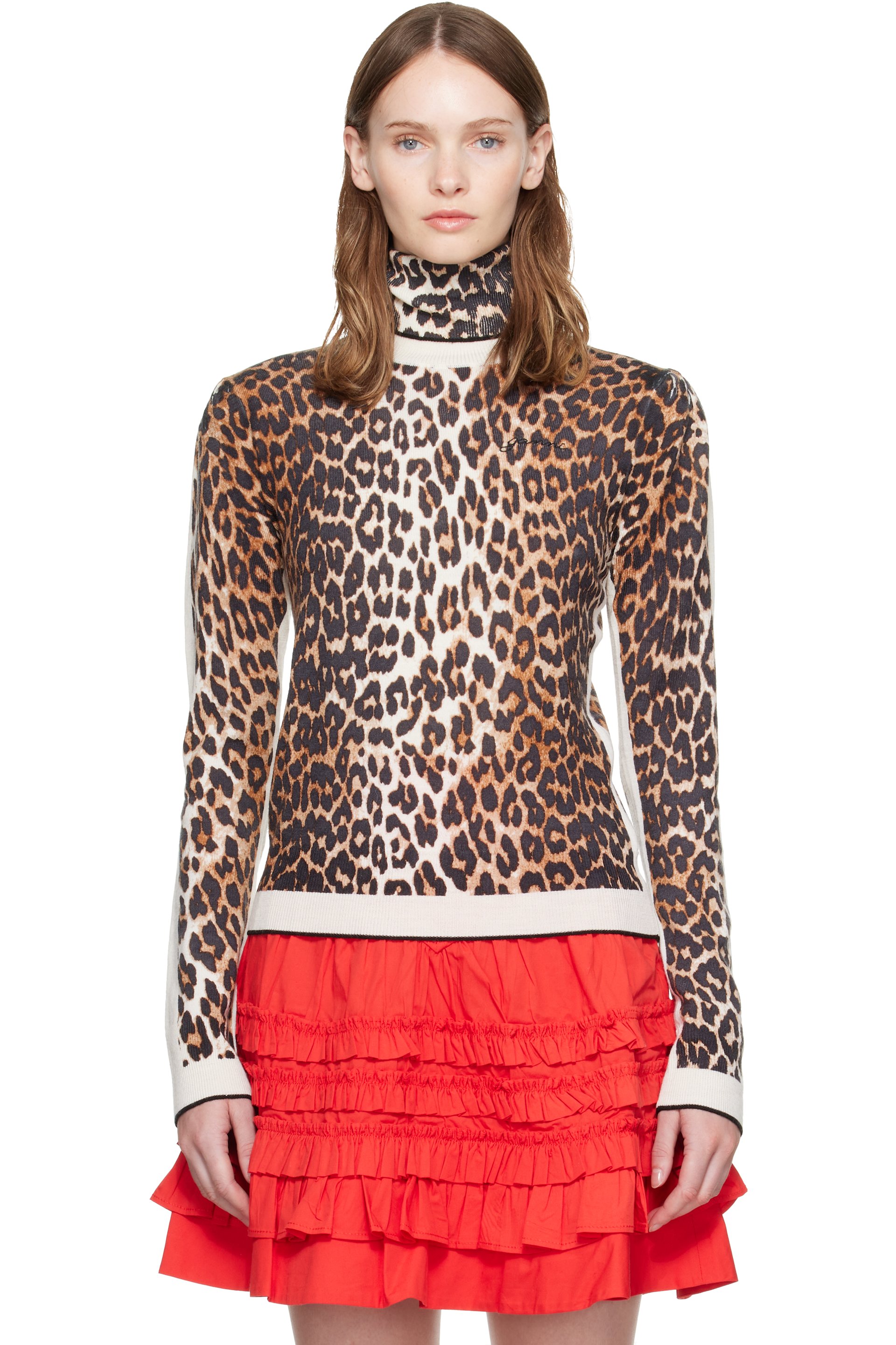 GANNI - Beige Printed Merino Turtleneck