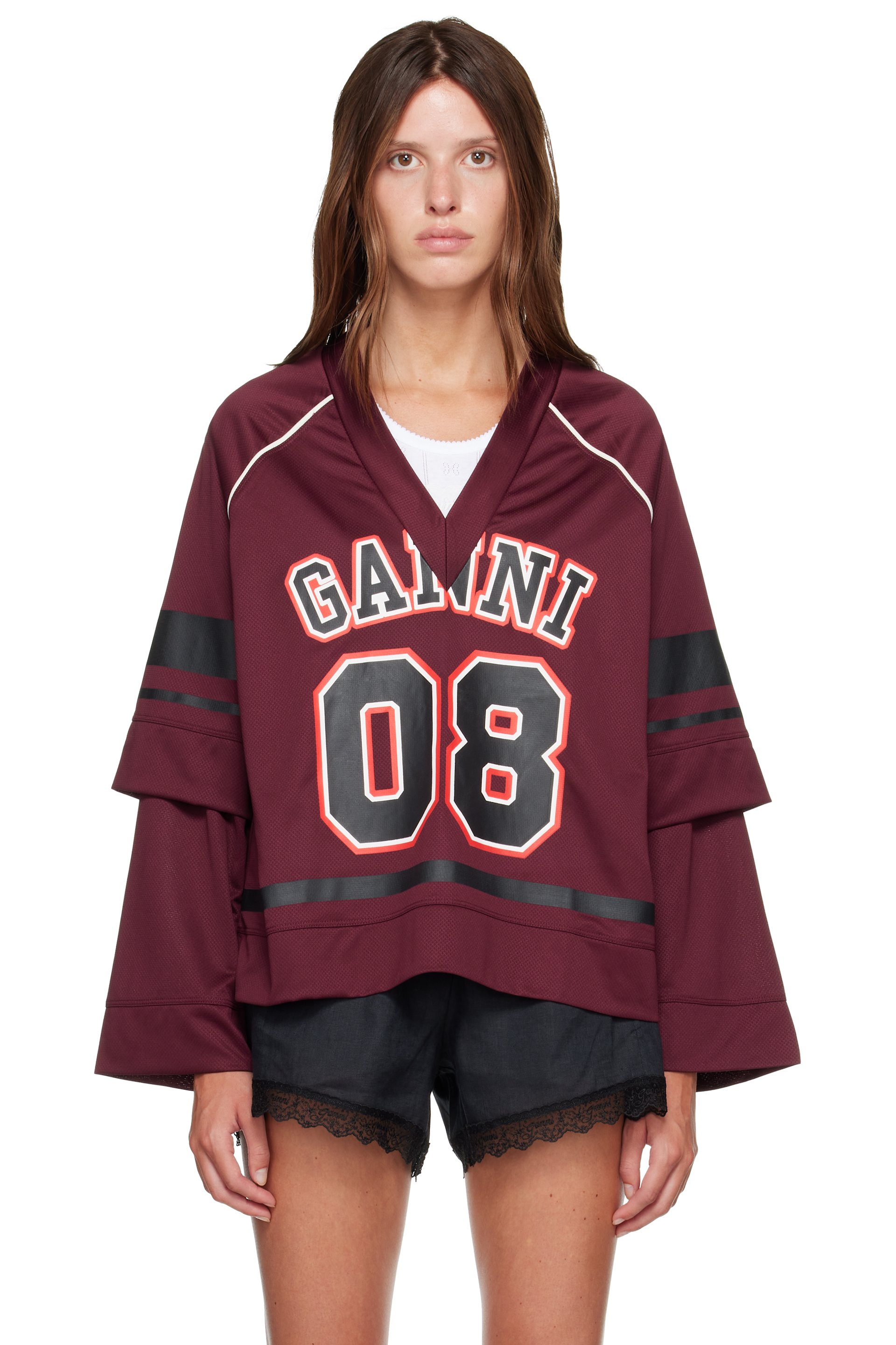 GANNI - 酒红色 Cycora Double Layered 长袖 T 恤