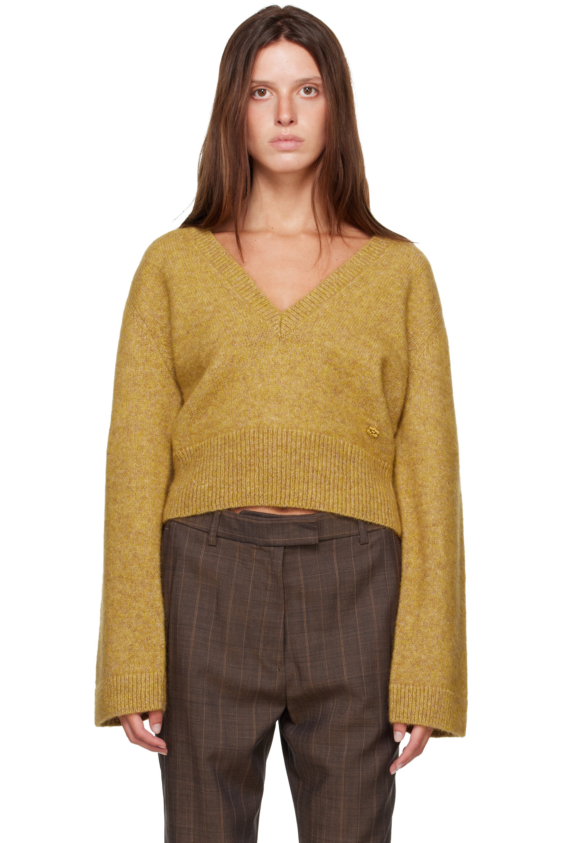GANNI - Yellow Melange Mohair Deep V-Neck Sweater