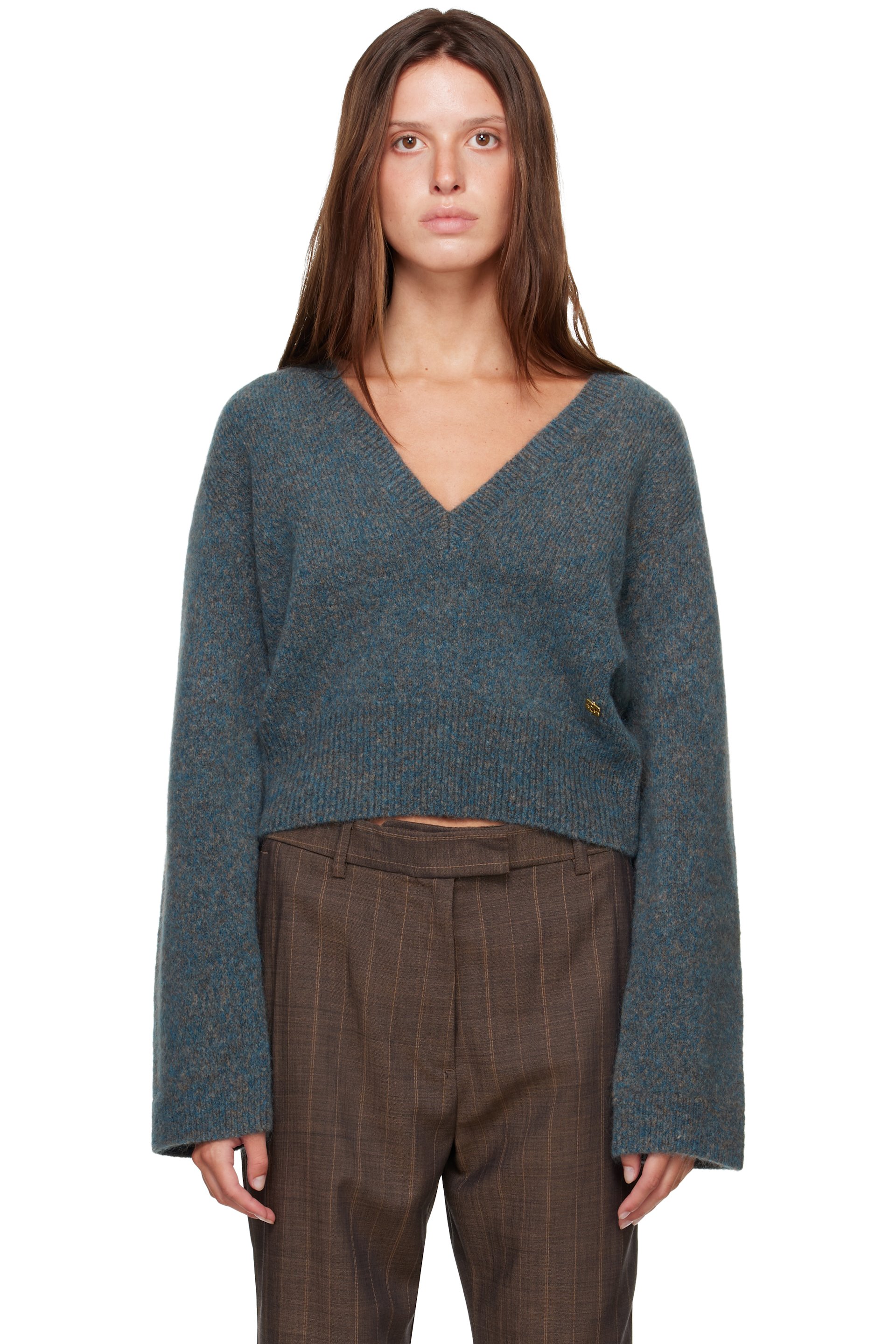 GANNI - Blue Melange Mohair Deep V-Neck Sweater