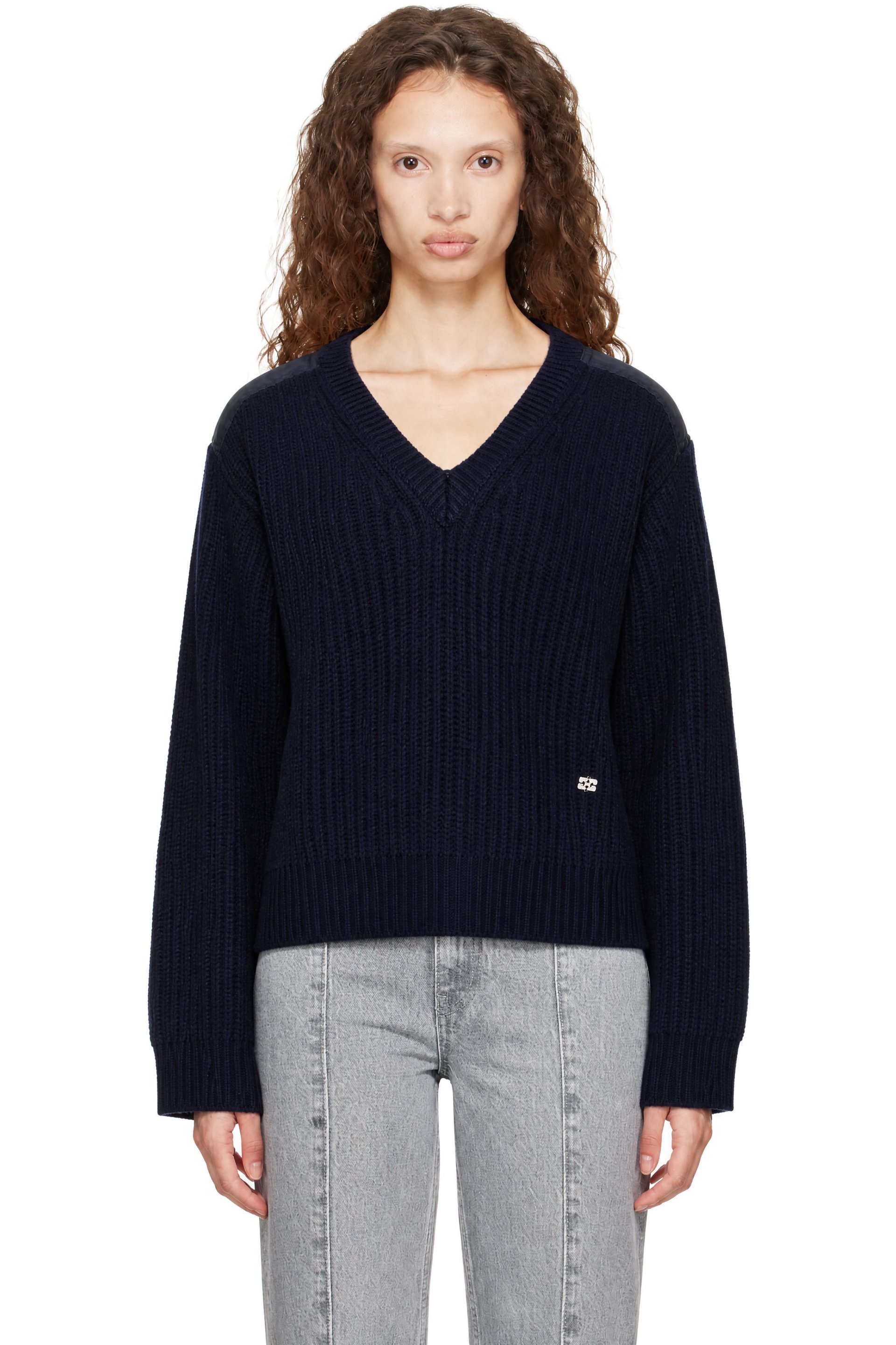 GANNI - Navy Wool Melange Rib V-neck Sweater