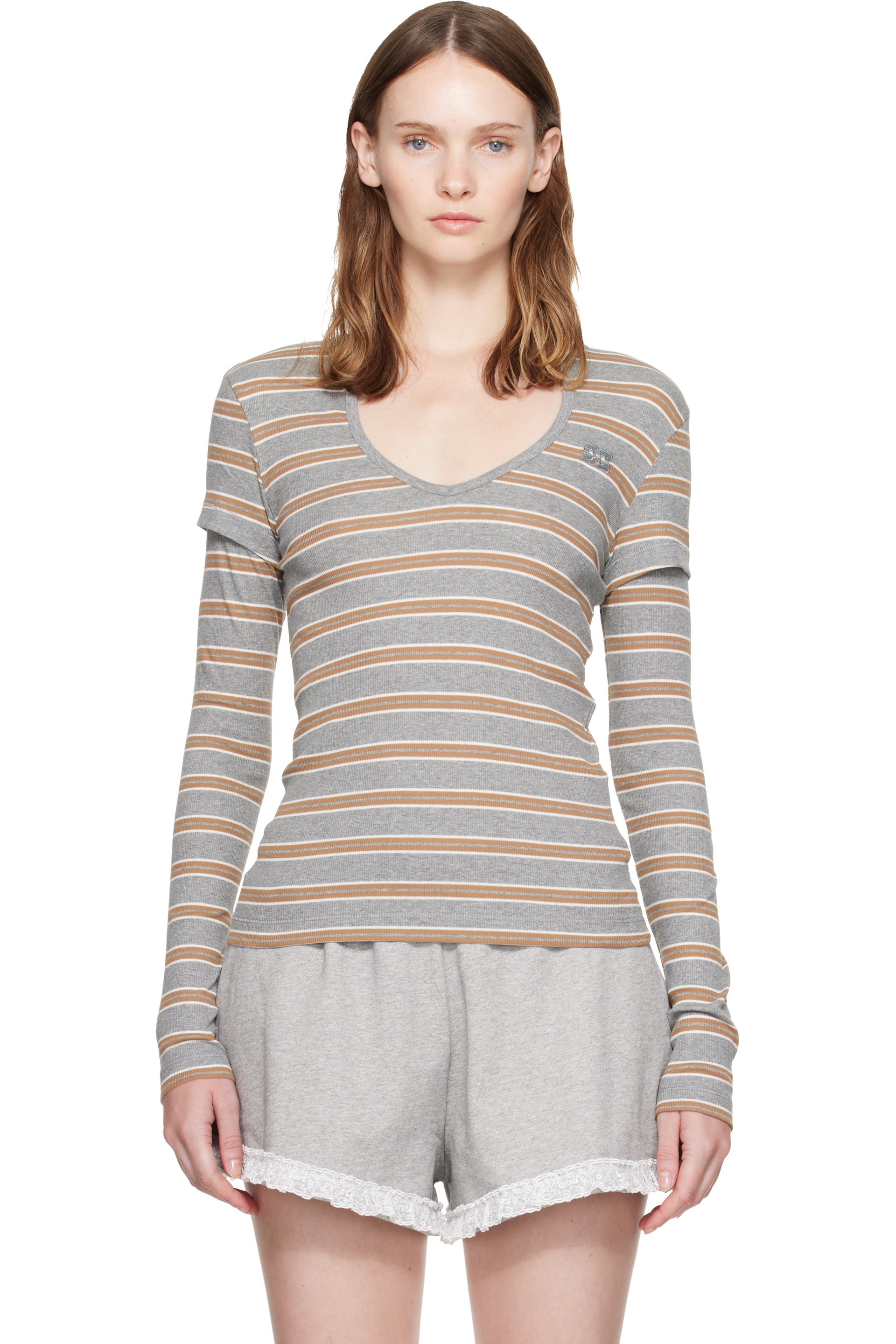 GANNI - Gray & Brown Stripe Long-Sleeve T-shirt