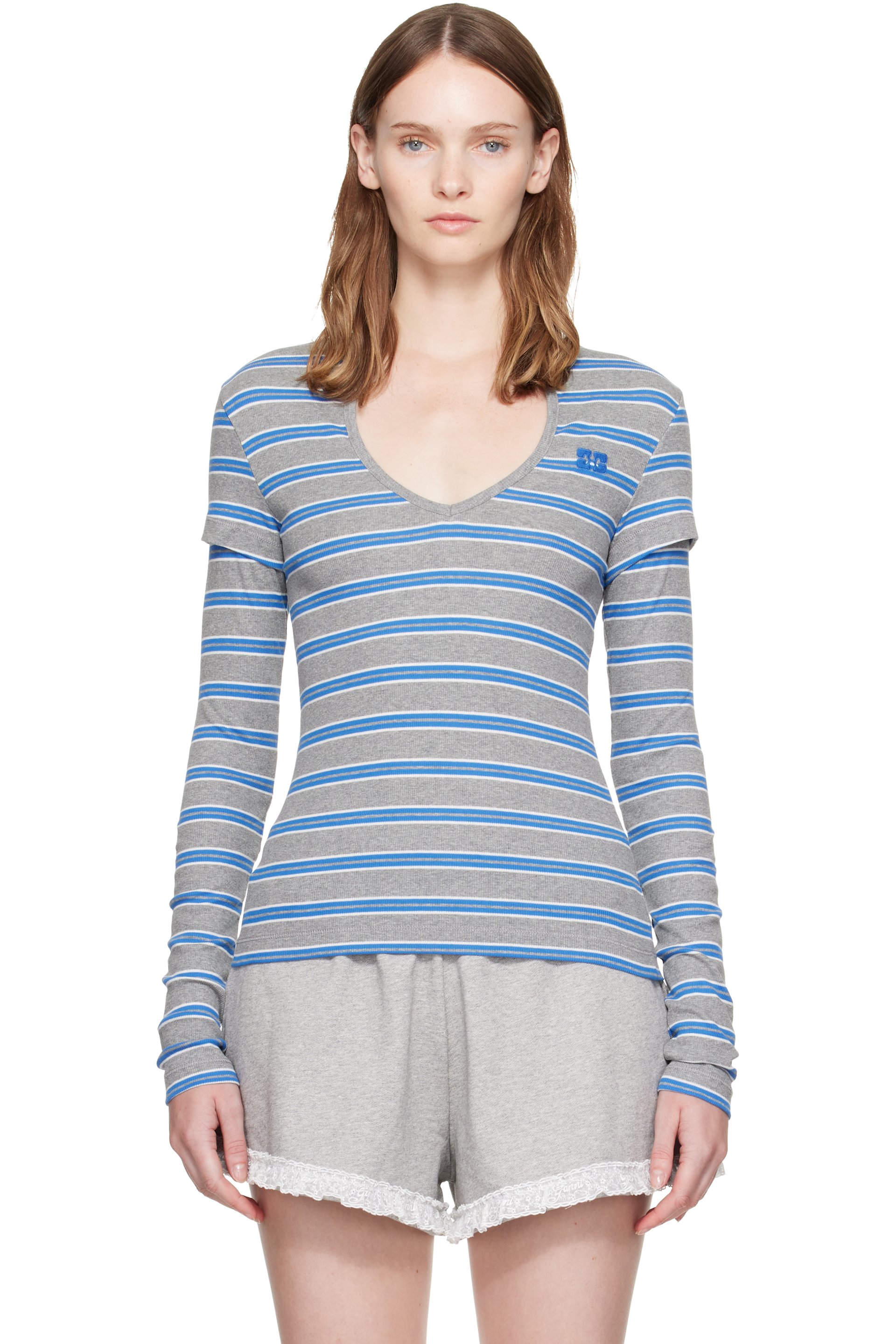 GANNI - Gray & Blue Stripe Long-Sleeve T-shirt