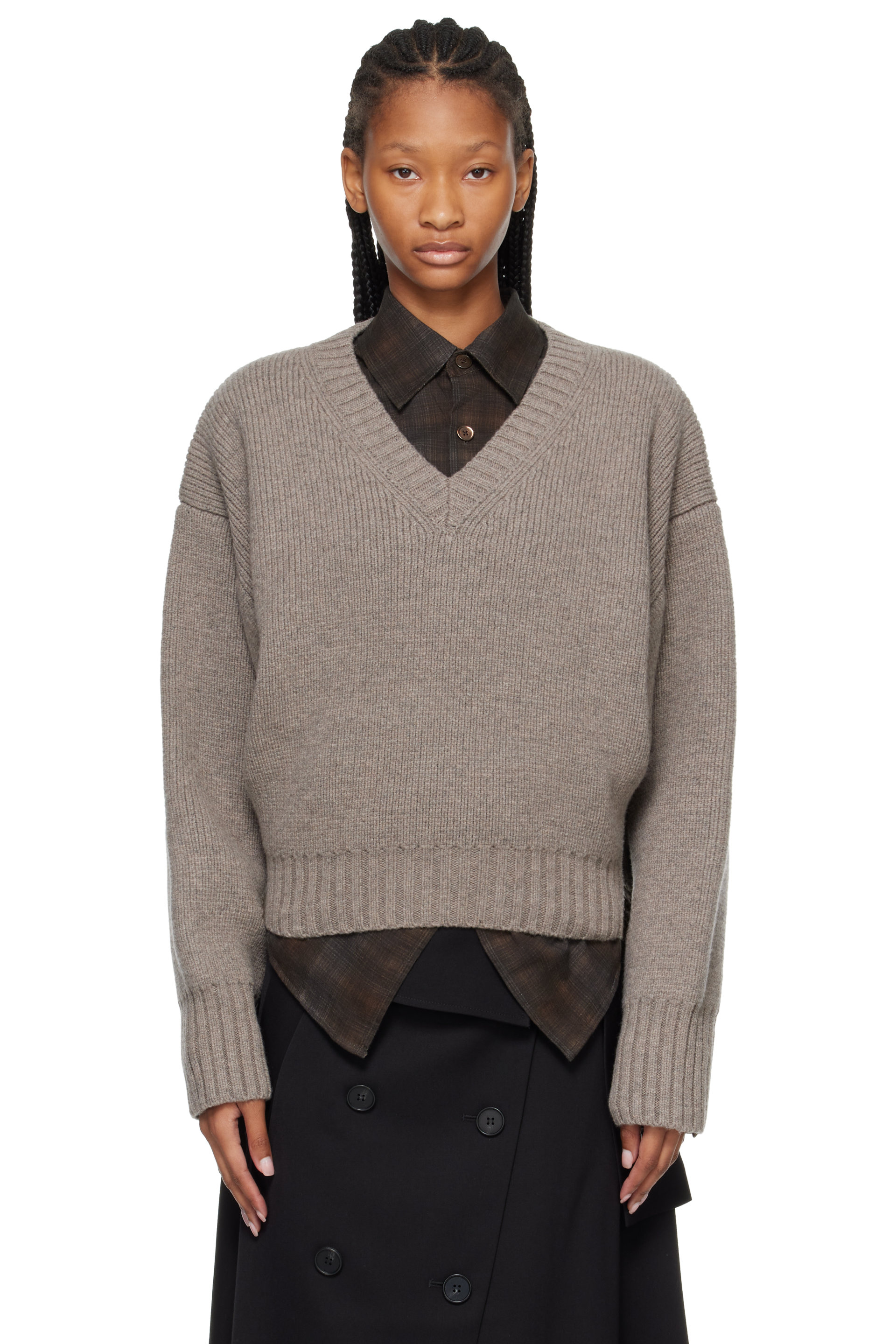Róhe - Pull sculptural taupe à col en V
