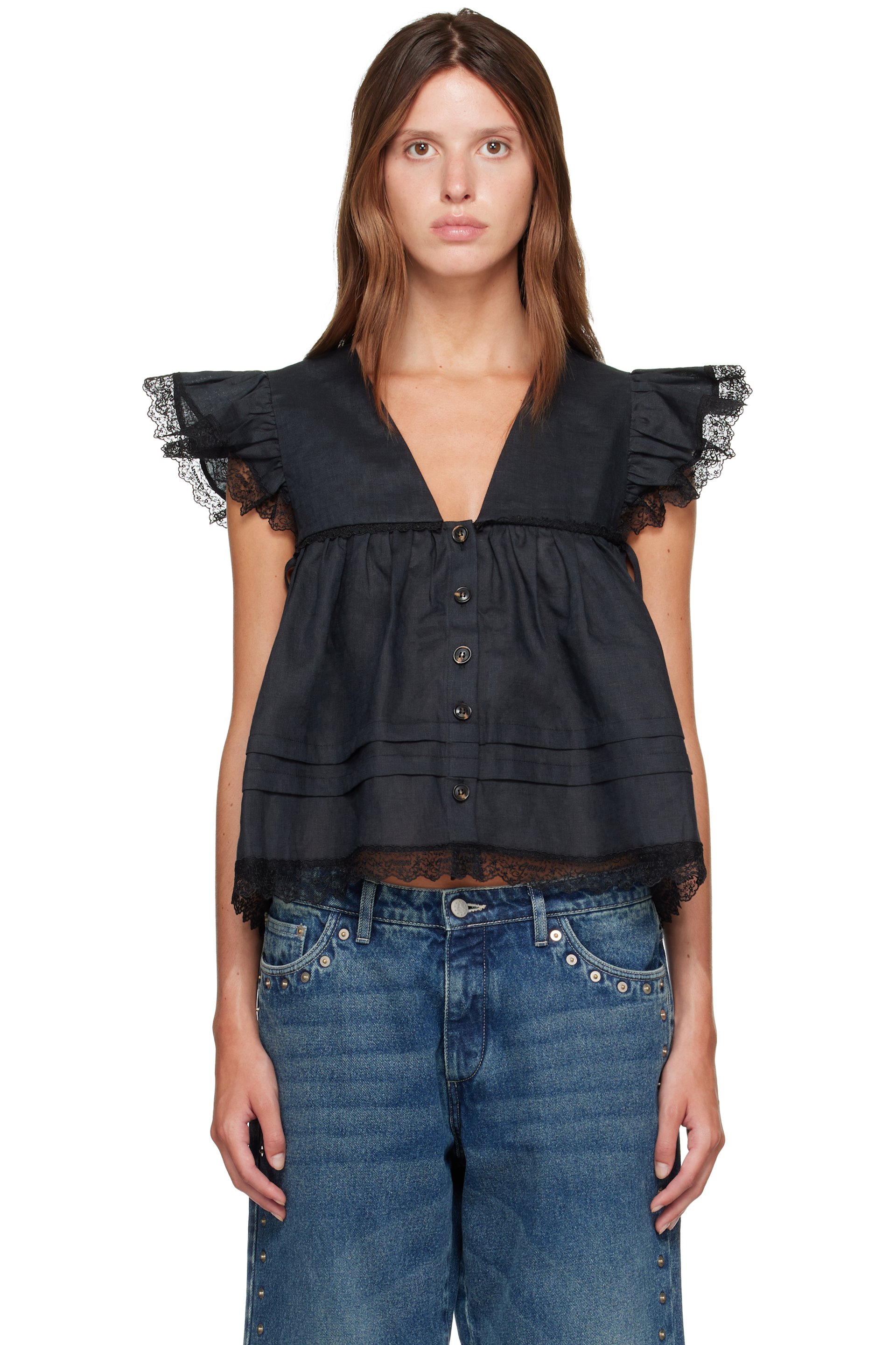 GANNI - Black Linen Blouse
