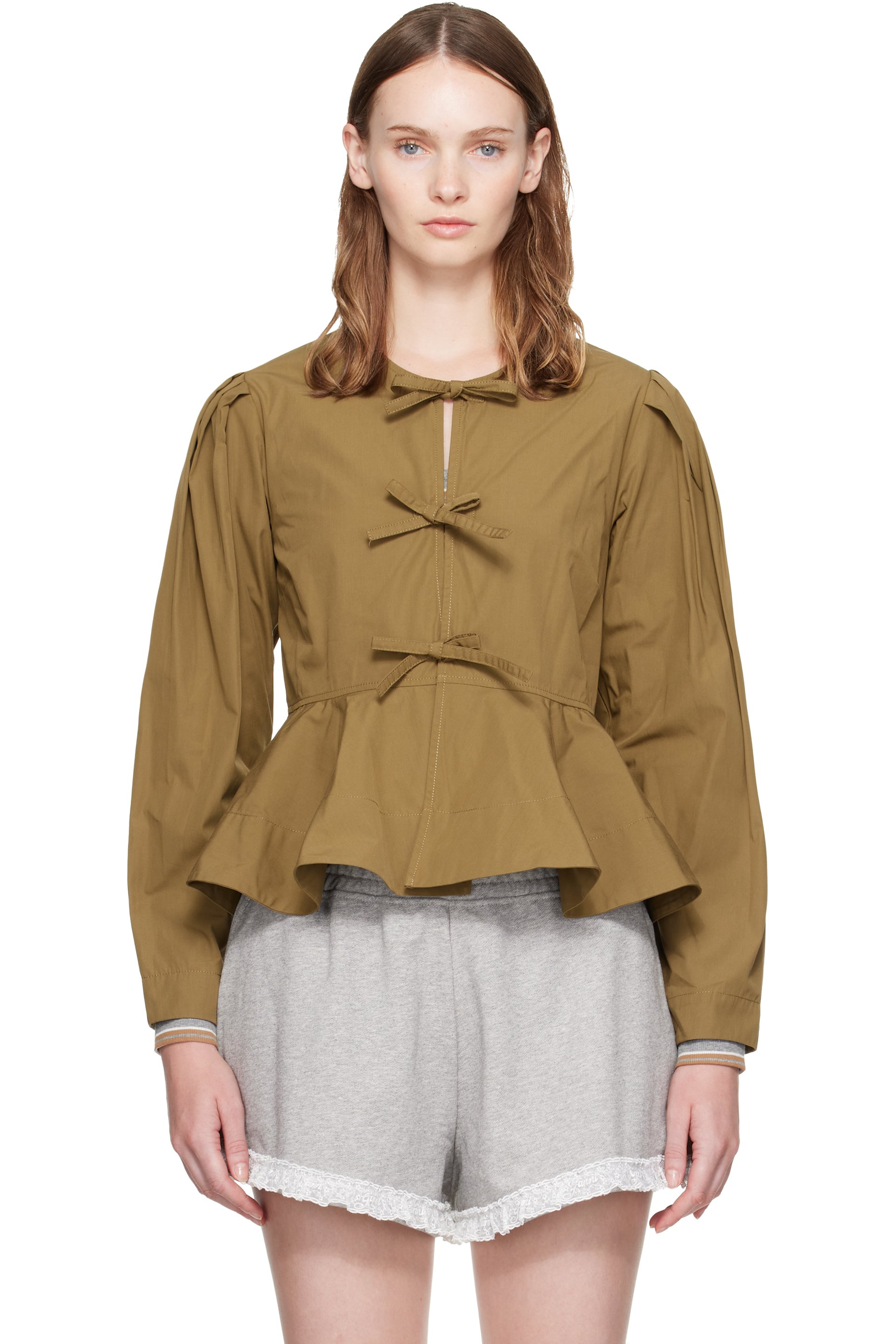 GANNI - Khaki Compact Poplin Long Sleeve Peplum Blouse