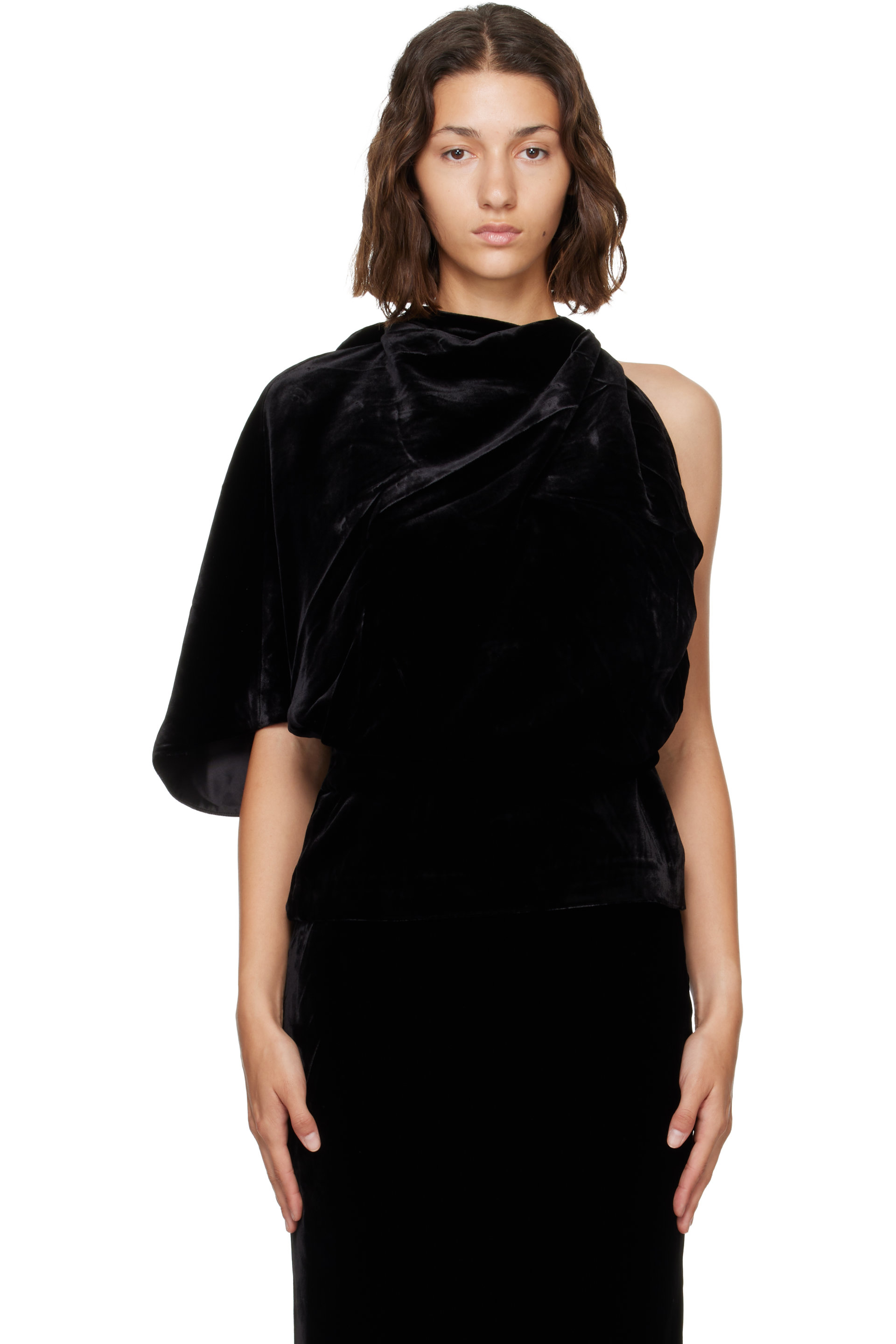 Róhe - Black Draped Open Back Silk Velvet Blouse