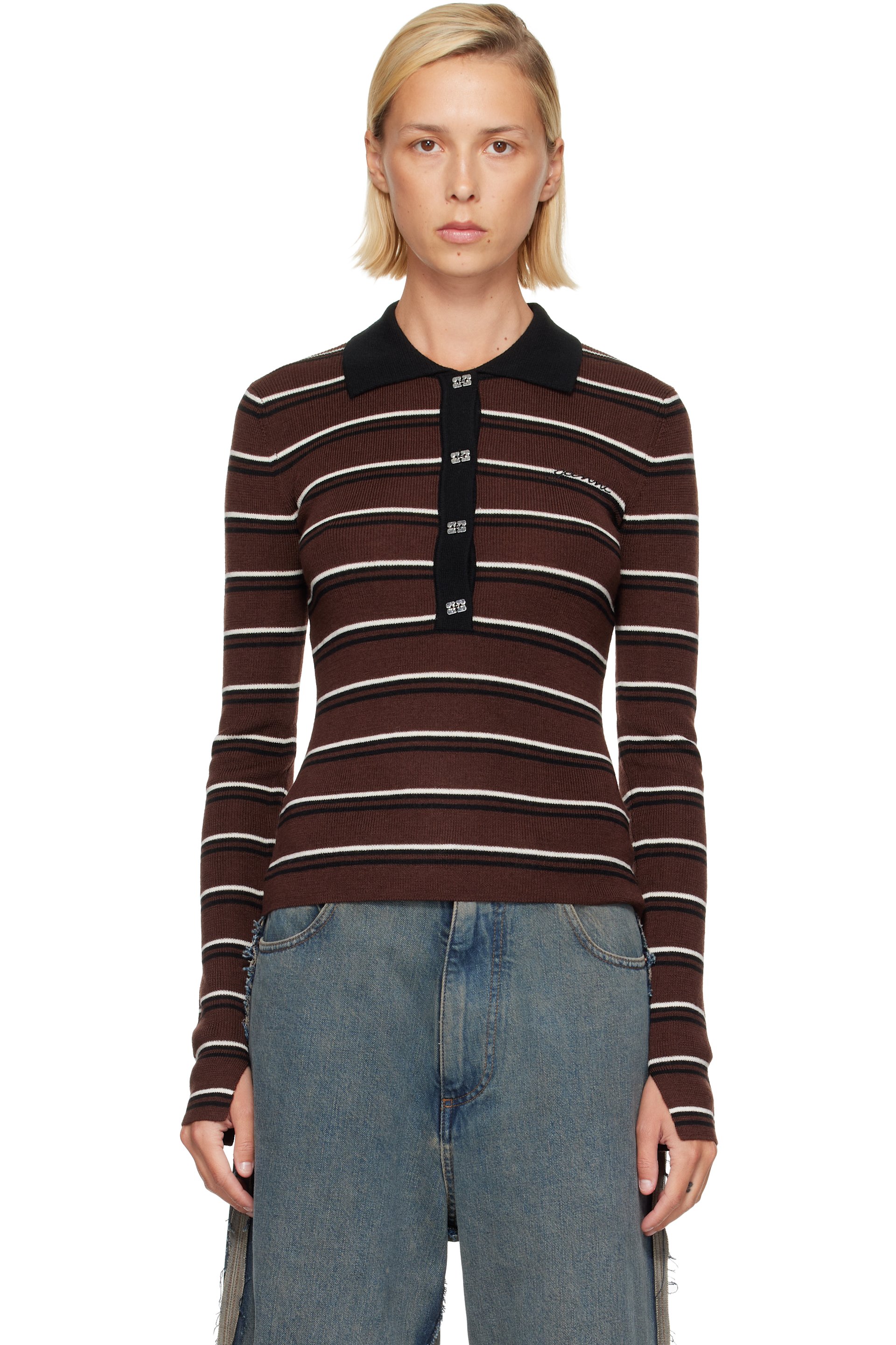 GANNI - 棕色 Striped Merino Polo 衫